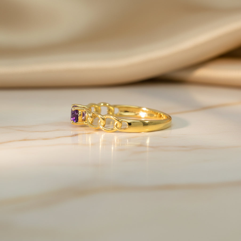 14Kt Gelbgold Ring Kettenglieder-Design Mit Ovalem Amethyst Oder London Blue Topas