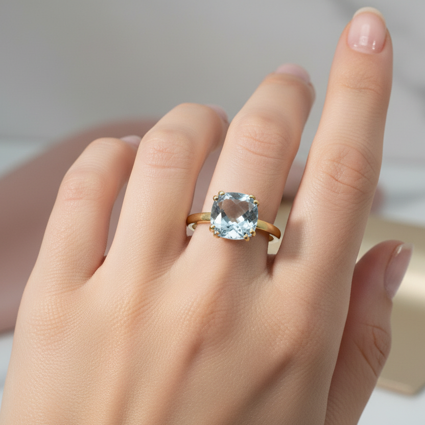 Ring 585 Gelbgold Topas Kissen Solitär – Splendido – macro detail