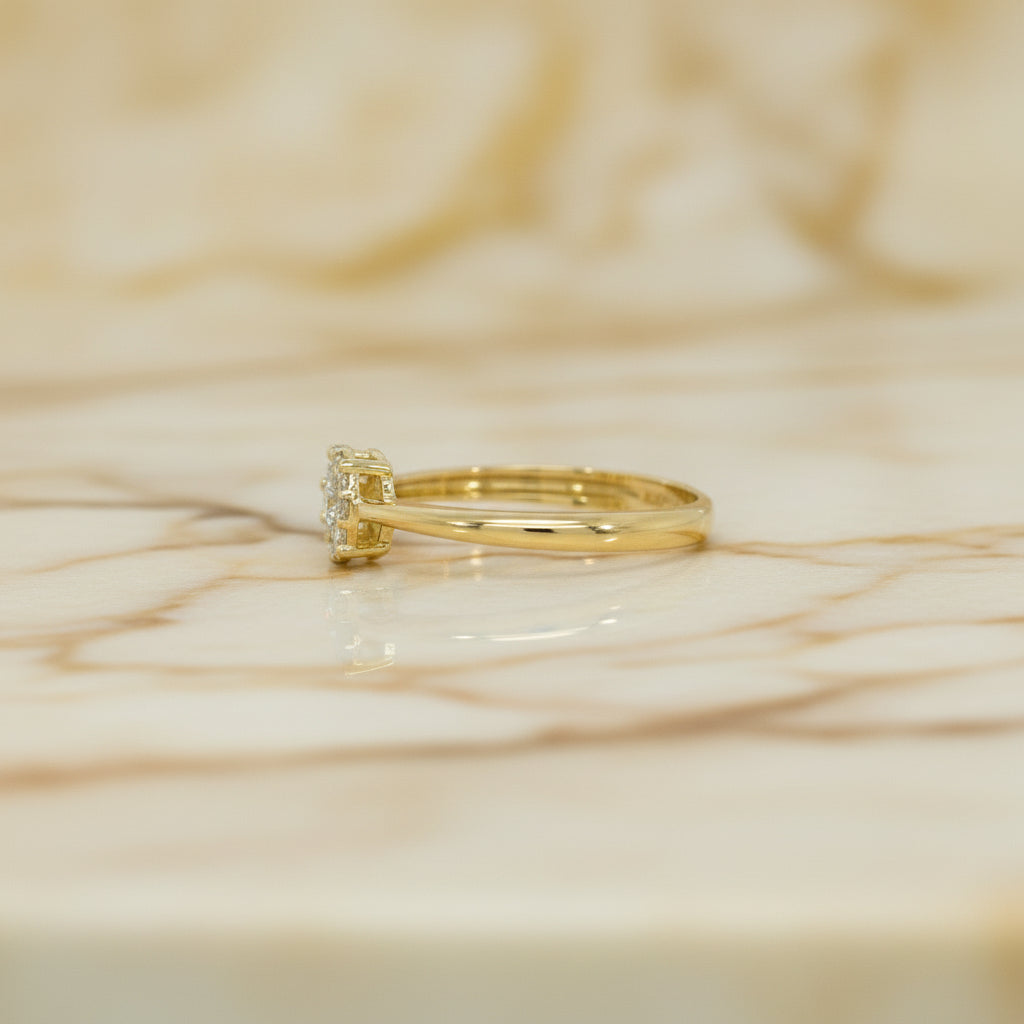 14Kt Gelbgold Ring Mit Zirkonia Solitär Und Halo Umrandung