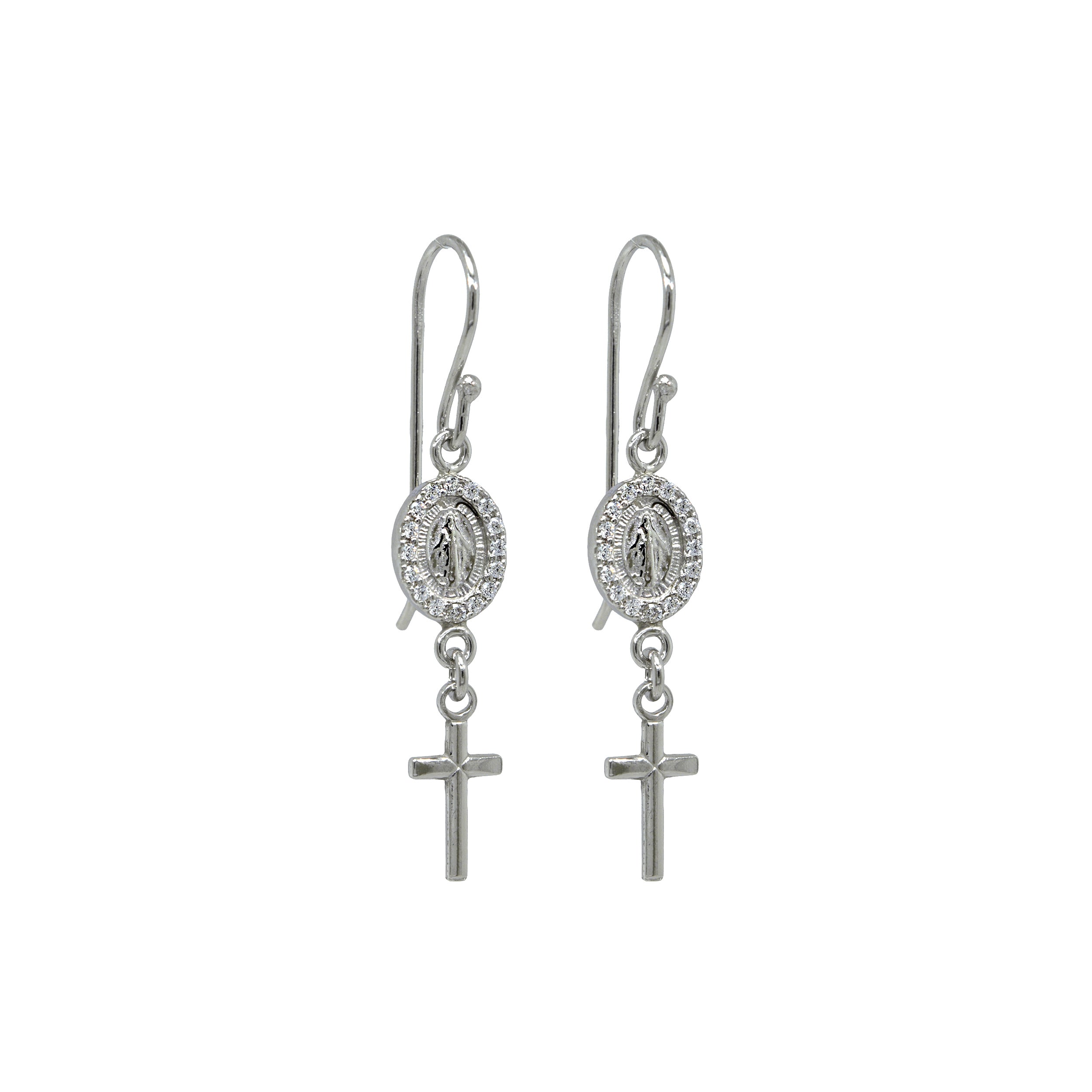 Feine Ohrhänger aus Silber mit ovalem Marienmotiv, Zirkonia-Rand und kleinem Kreuzanhänger

