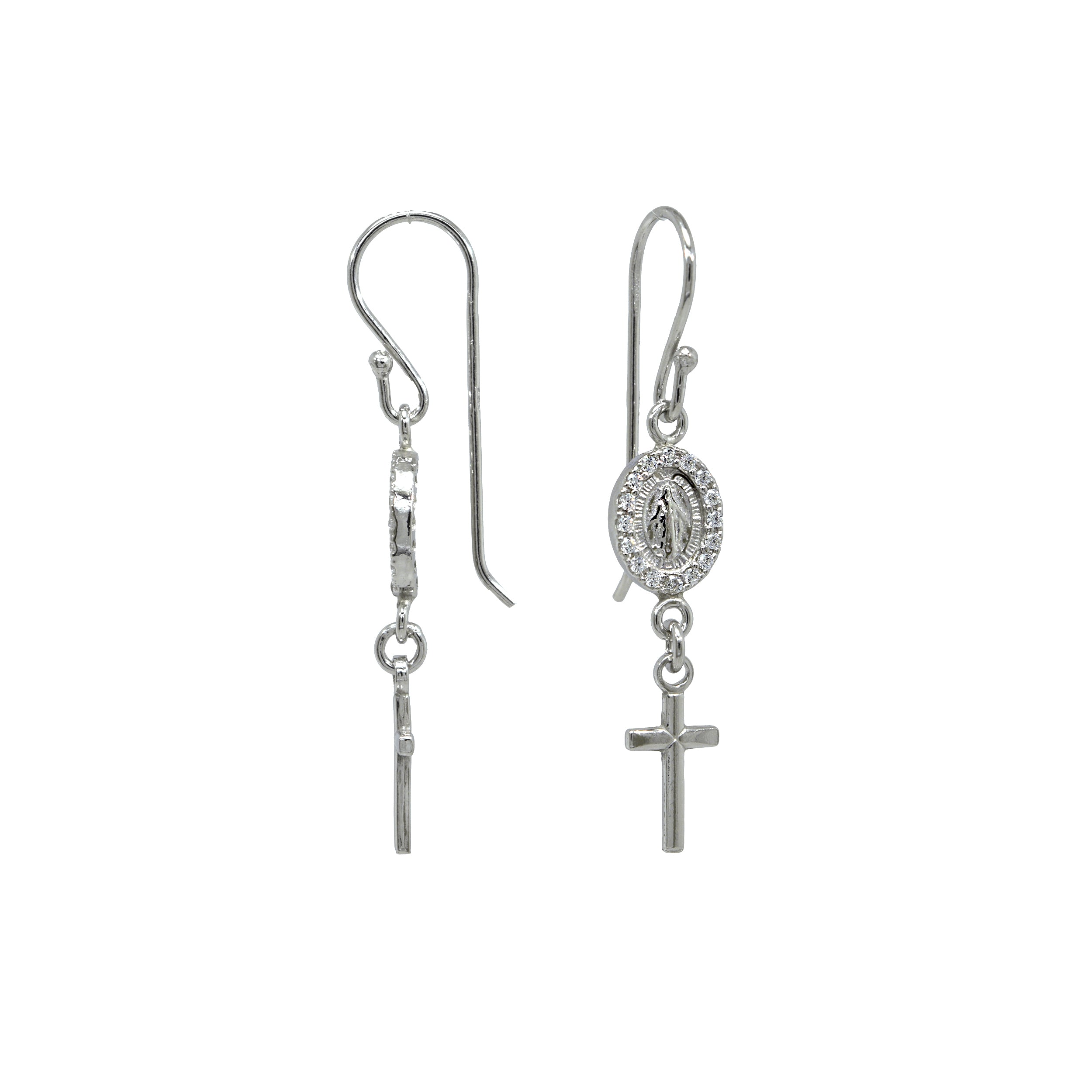 Feine Ohrhänger aus Silber mit ovalem Marienmotiv, Zirkonia-Rand und kleinem Kreuzanhänger