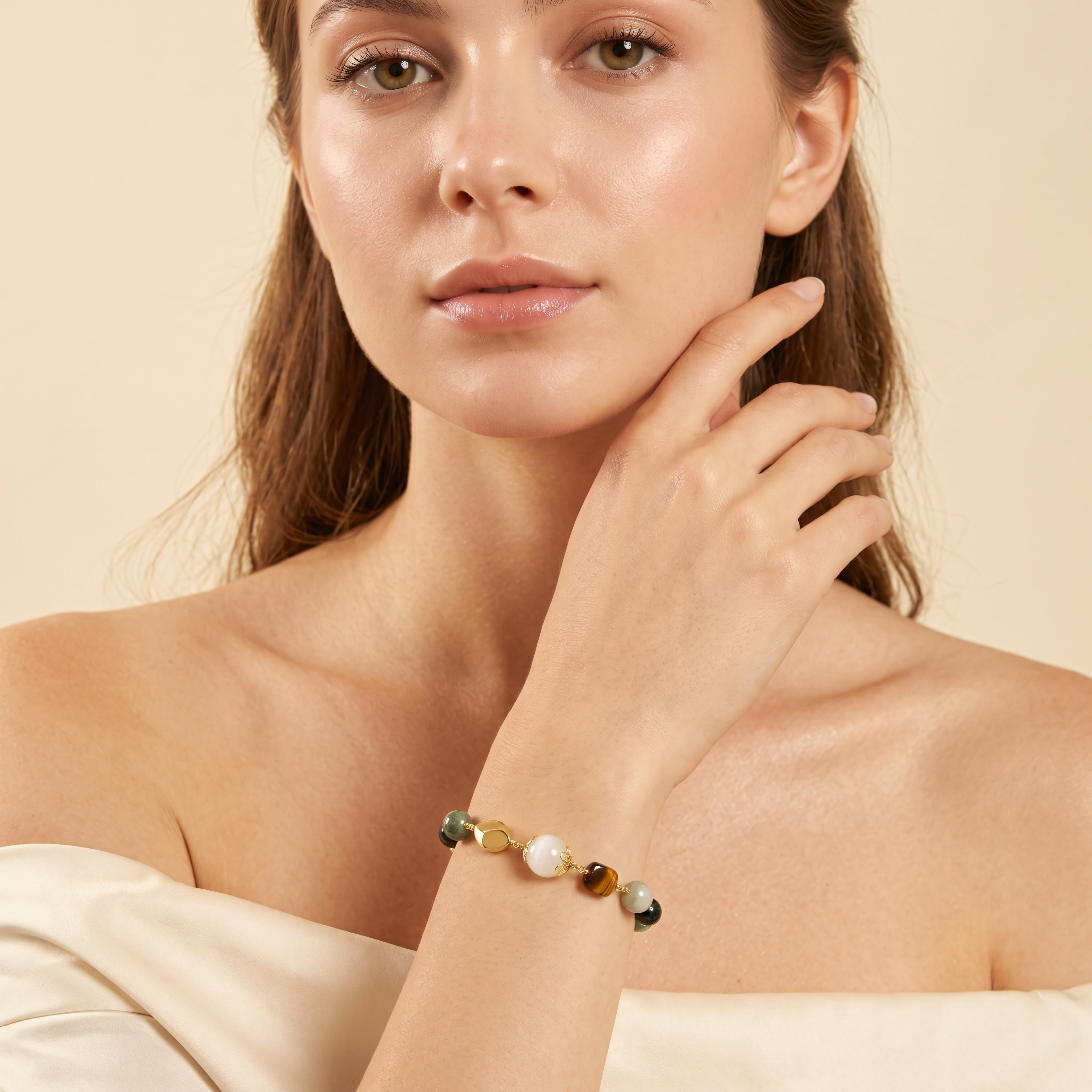 Armband 925 Silber vergoldet Edelstein-Mix Jade Tigerauge Druzy | Splendido Schmuck