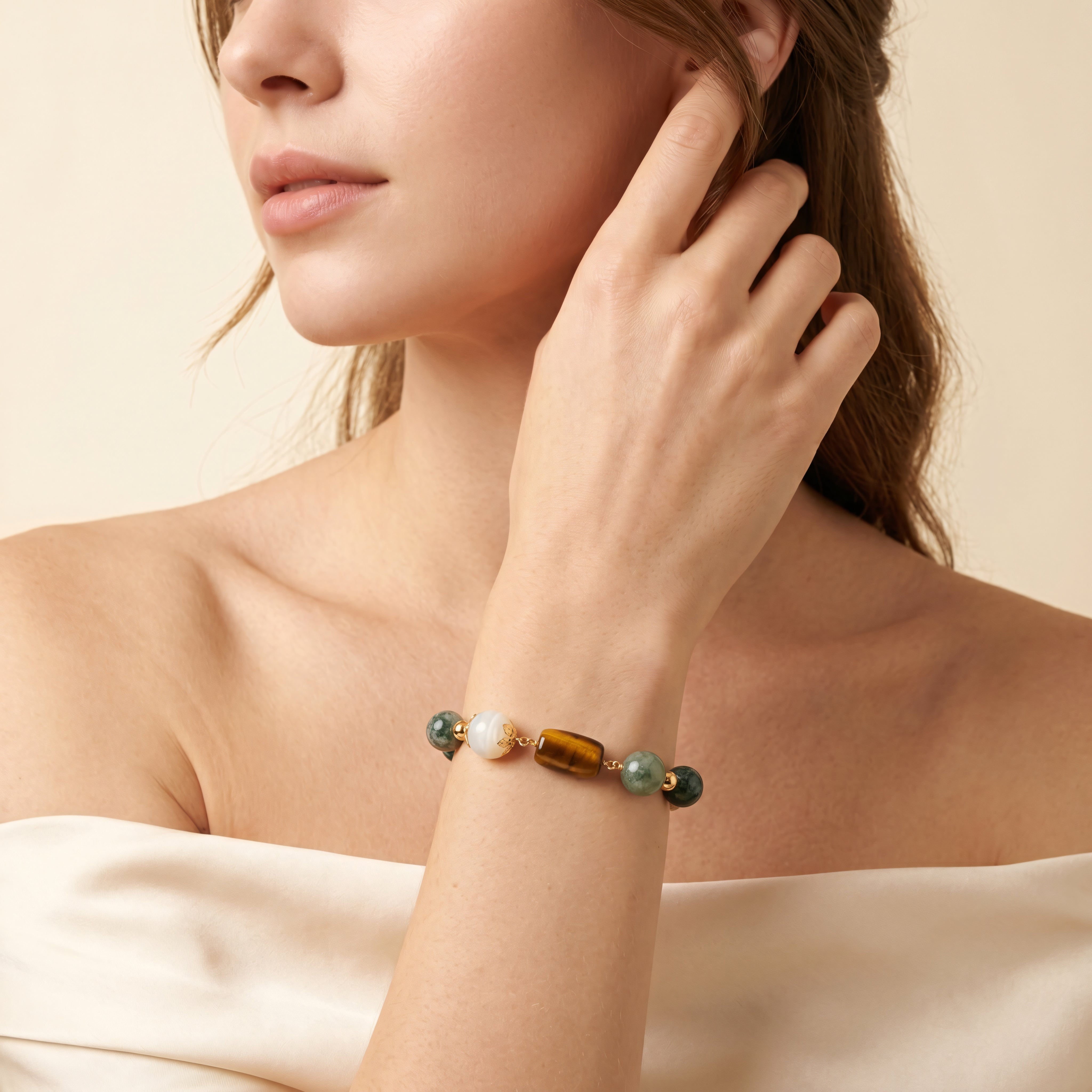 Armband 925 Silber vergoldet Edelstein-Mix Jade Tigerauge Druzy | Splendido Schmuck