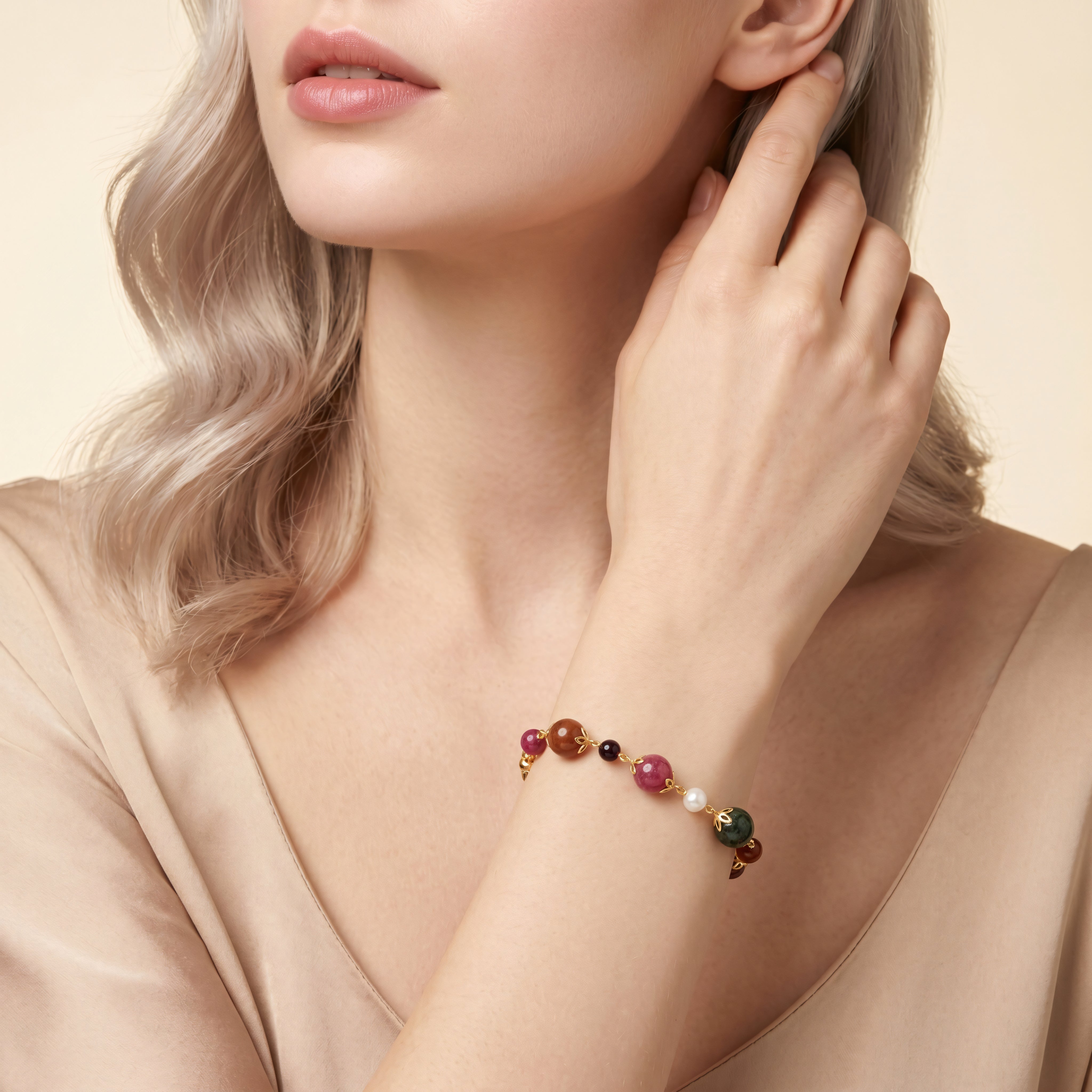 Armband 925 Silber vergoldet Edelstein-Mix Jade Turmalin | Splendido Schmuck