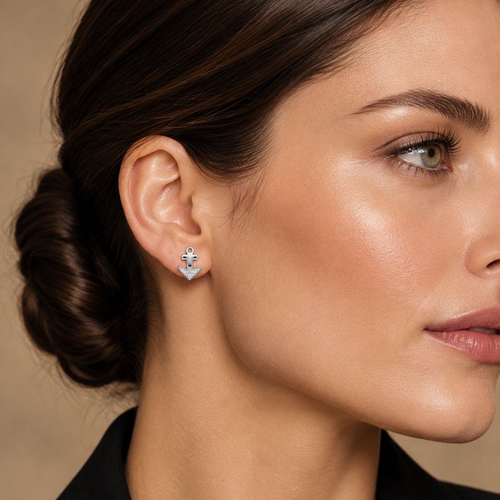 925 Silver stud earrings cubic zirconia anchor