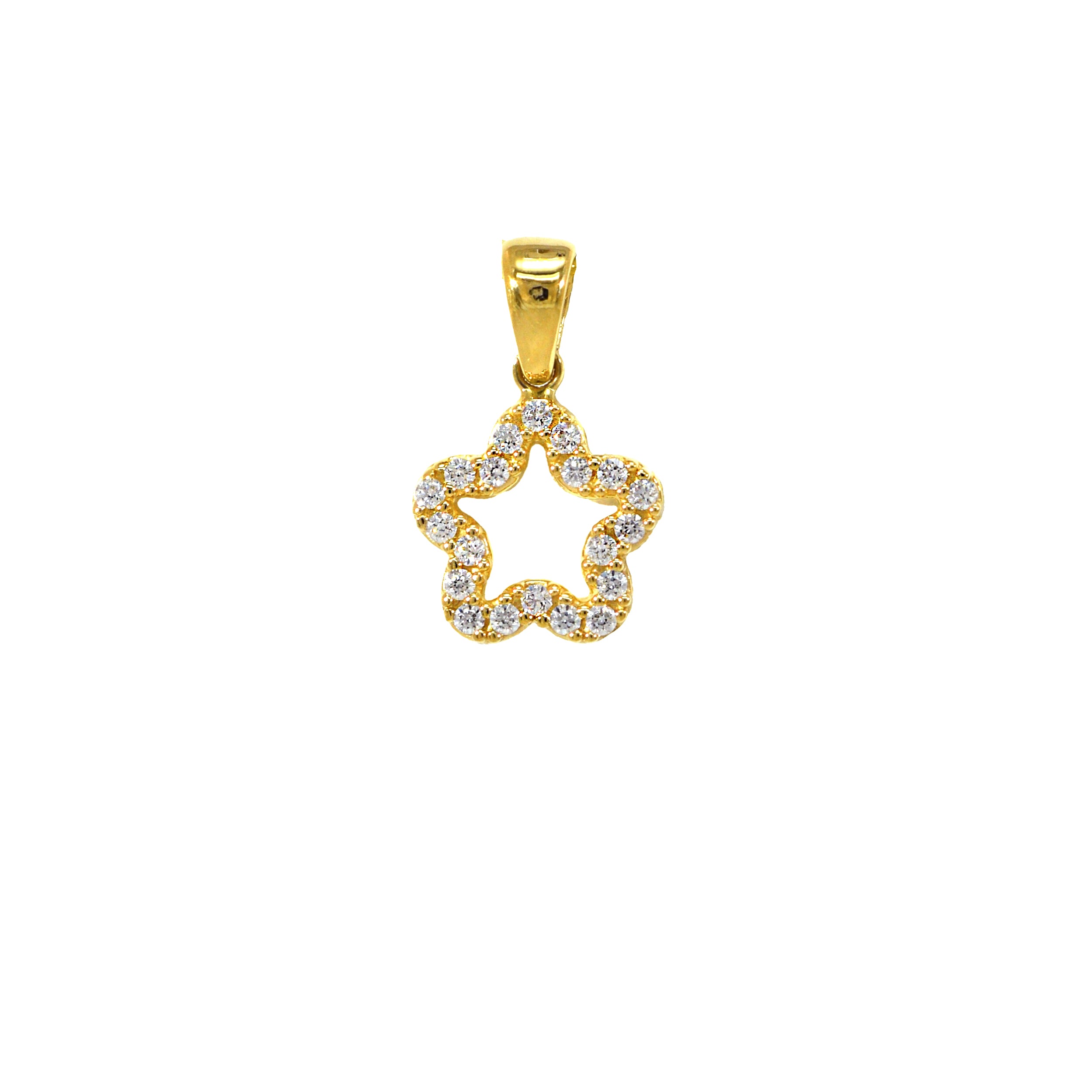 Verspielter Anhänger in Sternform aus Gold, besetzt mit funkelnden Zirkonia-Steinen.