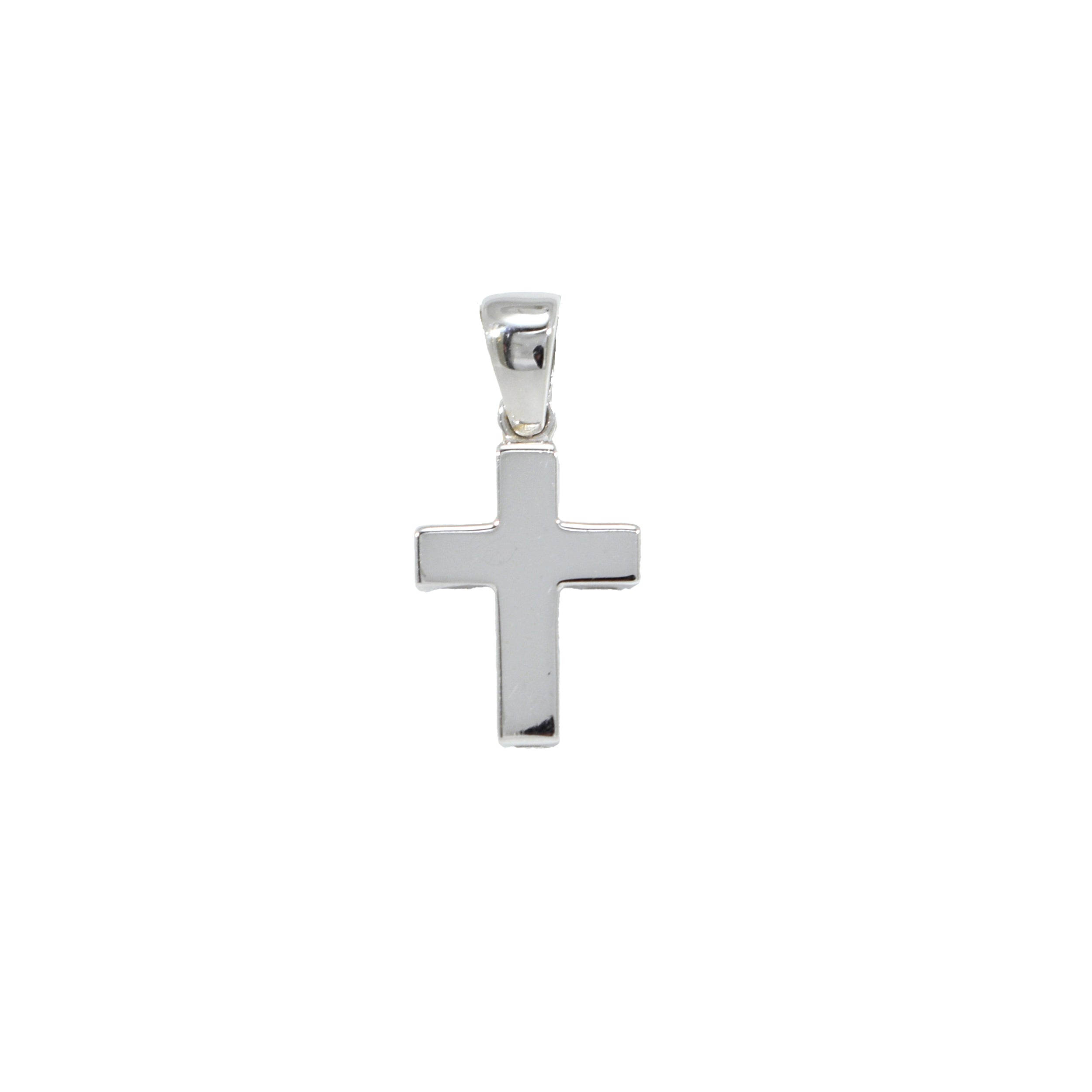 Schlichter Kreuz-Anhänger aus Weißgoldmit polierter Oberfläche und klassischer Formgebung.