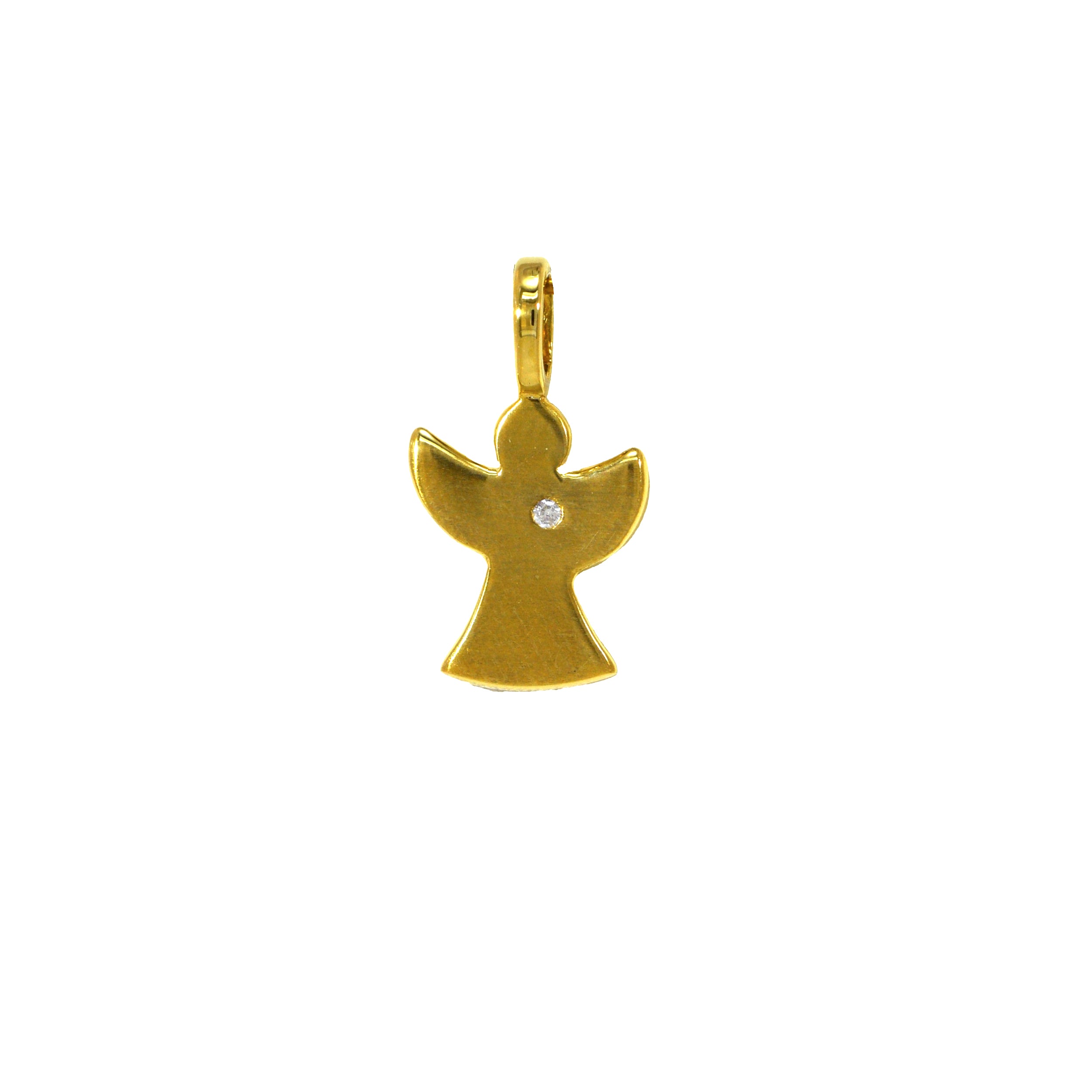 Goldener Anhänger in Form eines stilisierten Engels mit einem kleinen Zirkonstein in der Mitte, glänzend poliert und mit Anhängerschlaufe zur Kombination mit einer Kette.