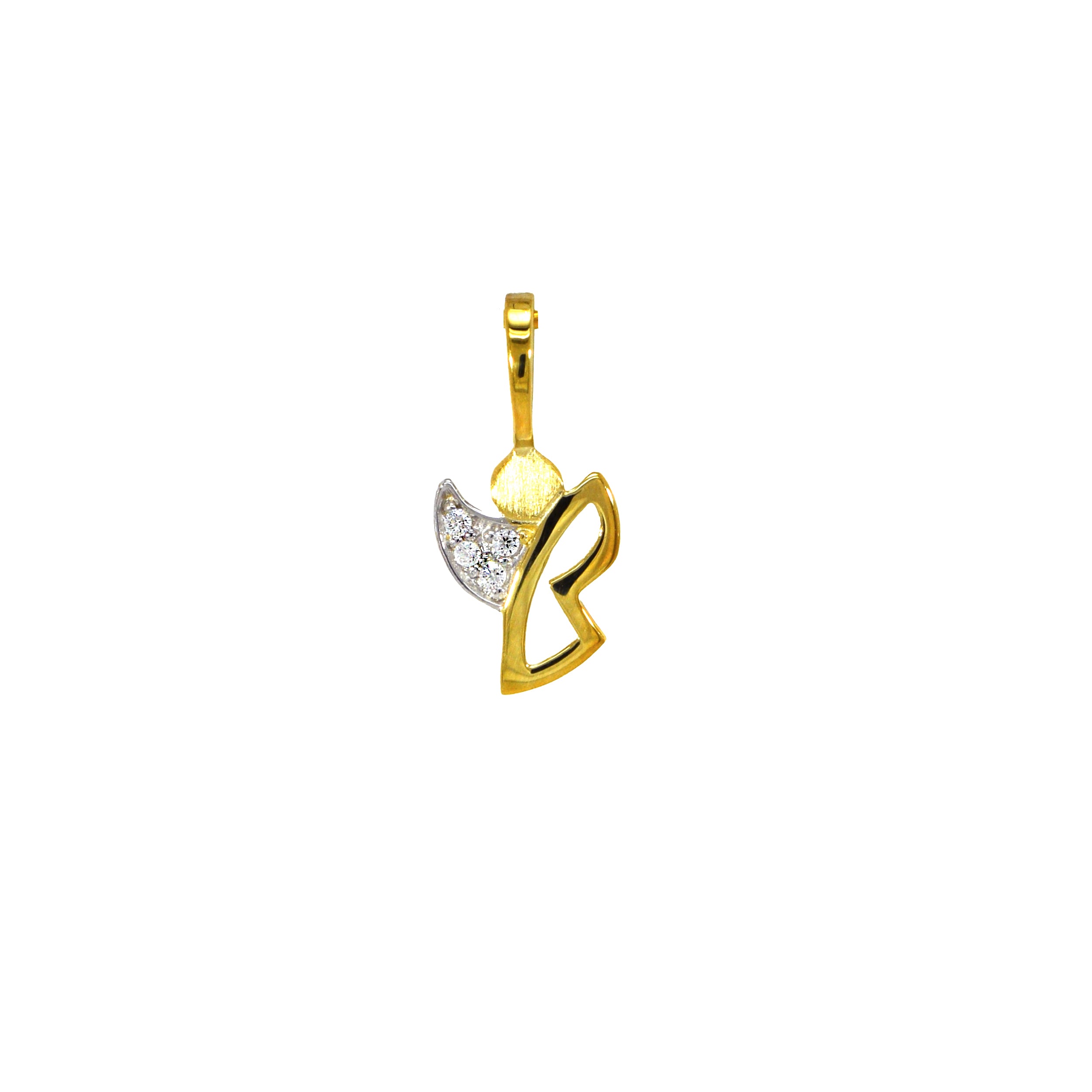 Goldener Anhänger in Form eines stilisierten Engels mit offener Silhouette, teils rhodiniert und mit drei Zirkonia-Steinen besetzt.

