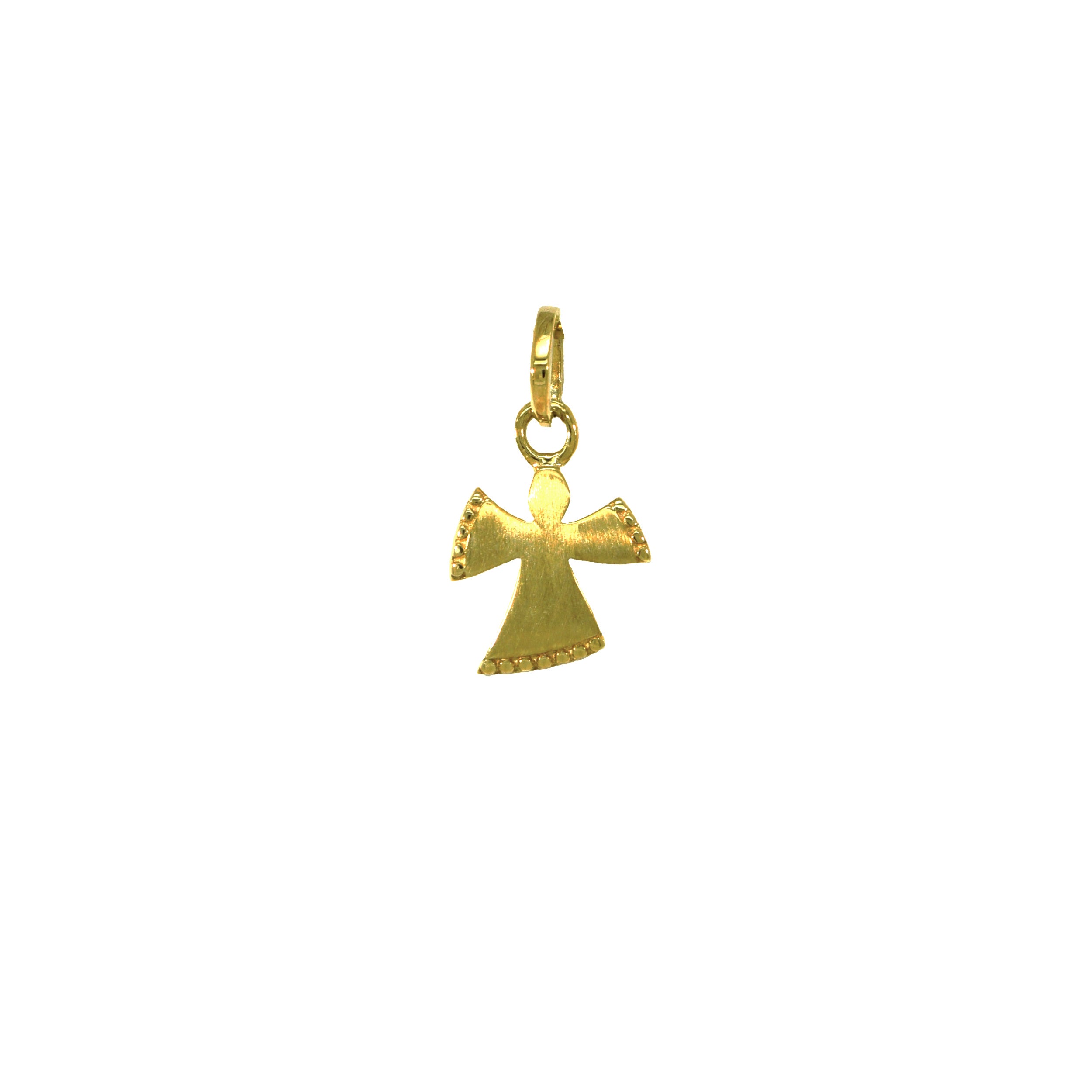 Goldener Anhänger in Form eines stilisierten Engels mit mattierter Oberfläche und dekorativer Strukturkante an Flügeln und Saum.