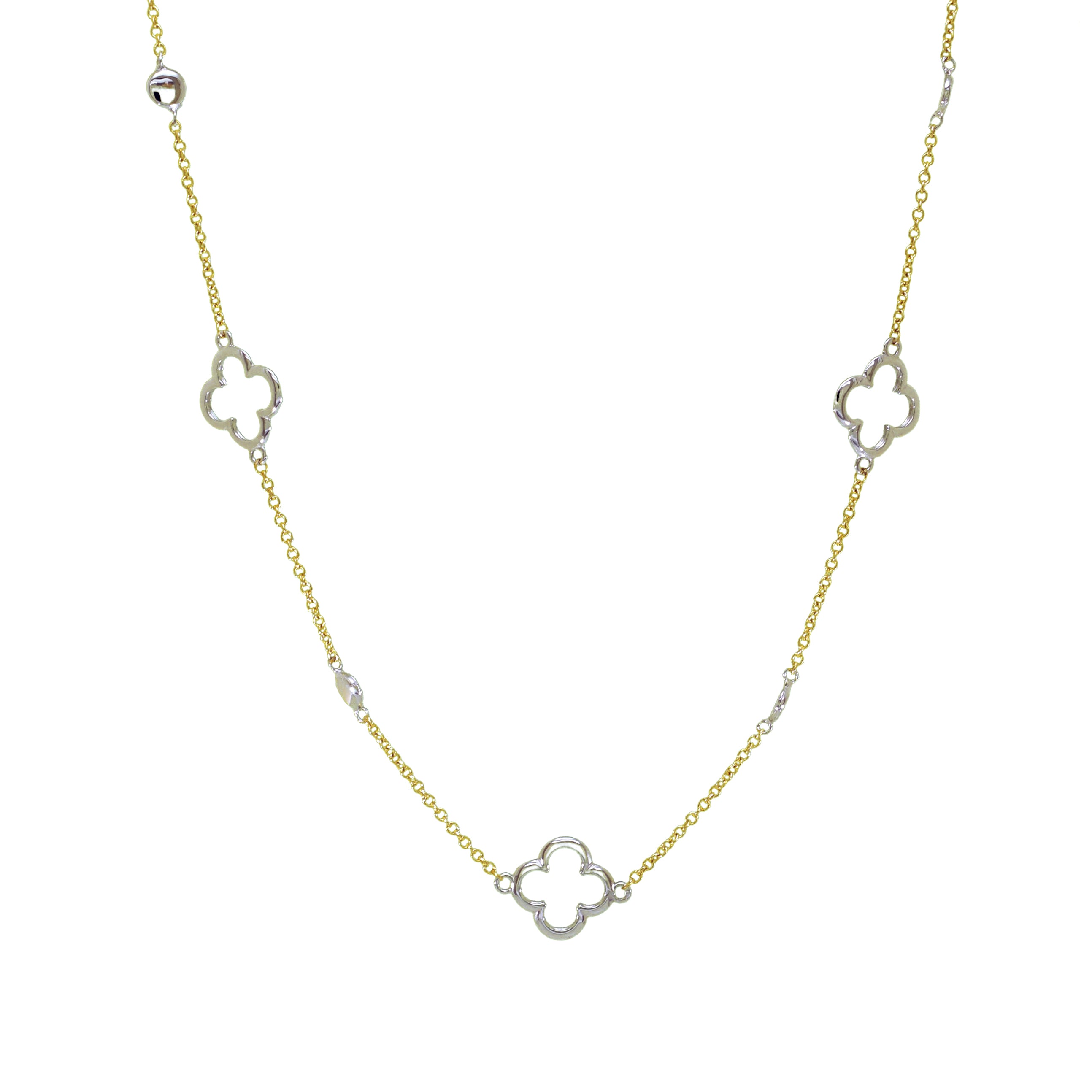 Halskette aus Gelbgold mit silberfarbenen Vierblatt-Ornamenten und kleinen Zwischenteilen in Bicolor-Optik.