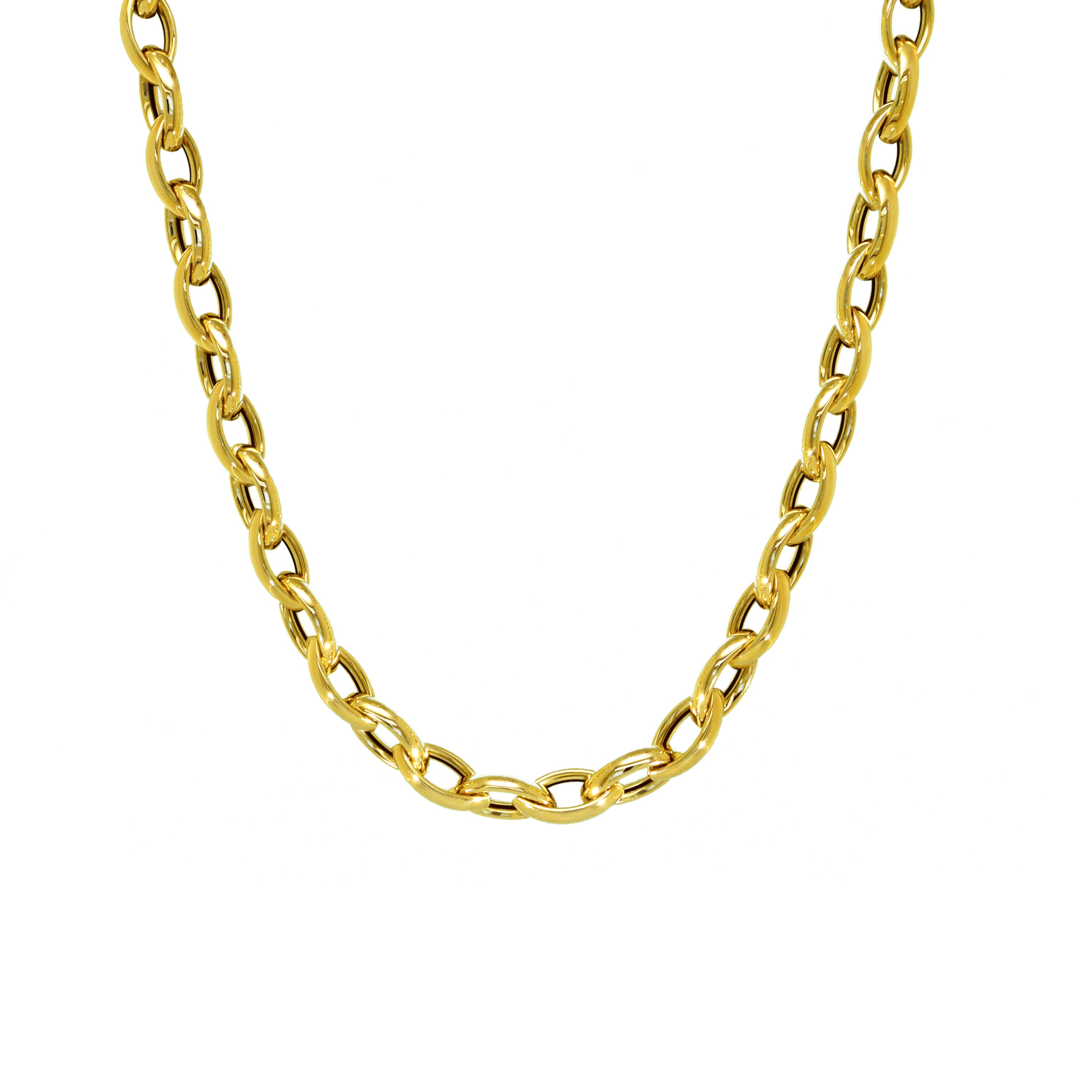 Massiv wirkende Goldkette mit eng aneinandergereihten, ovalen Gliedern in glänzender Ausführung.