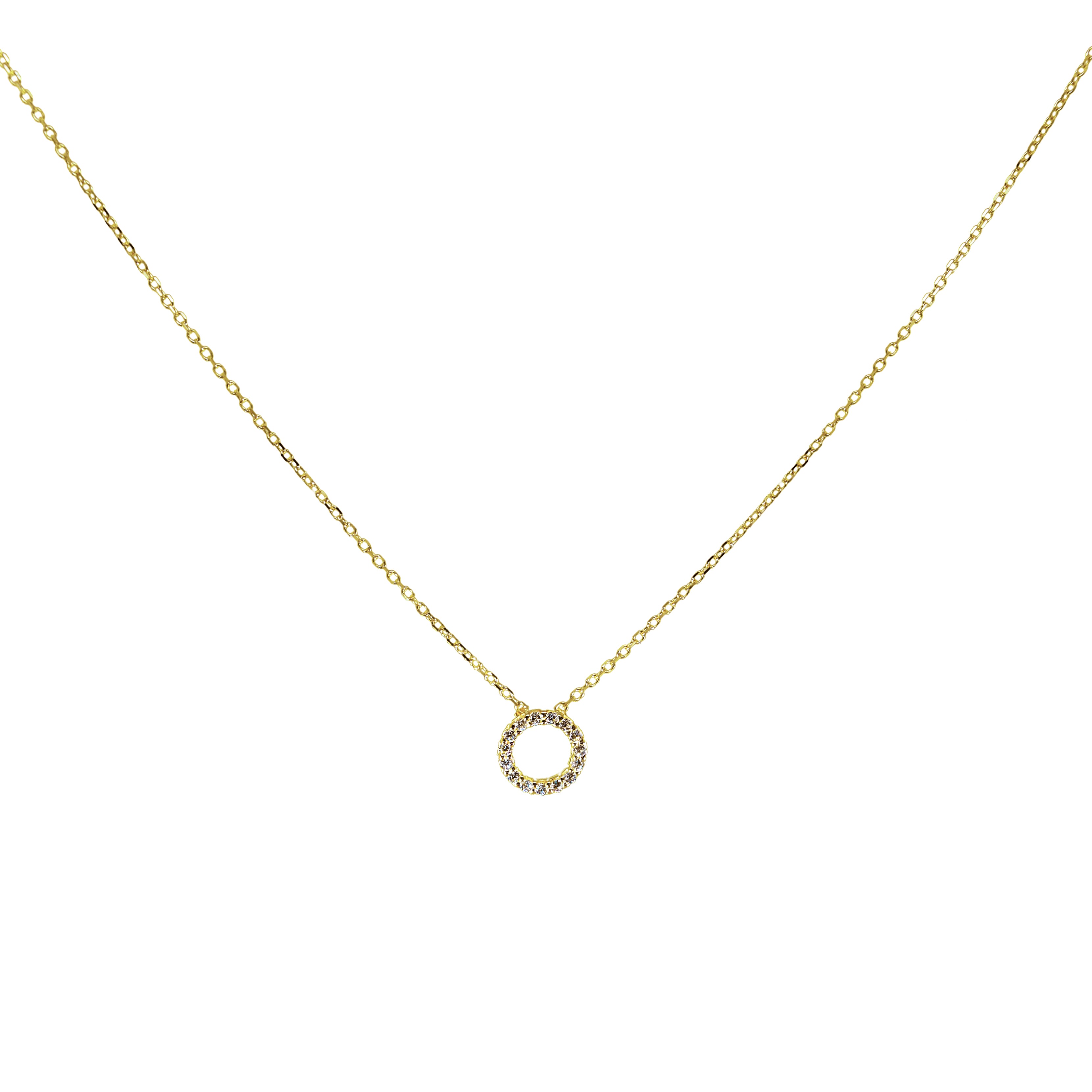 Feine Goldkette in Gelbgold mit einem kreisförmigen Anhänger, vollständig besetzt mit Zirkonia.