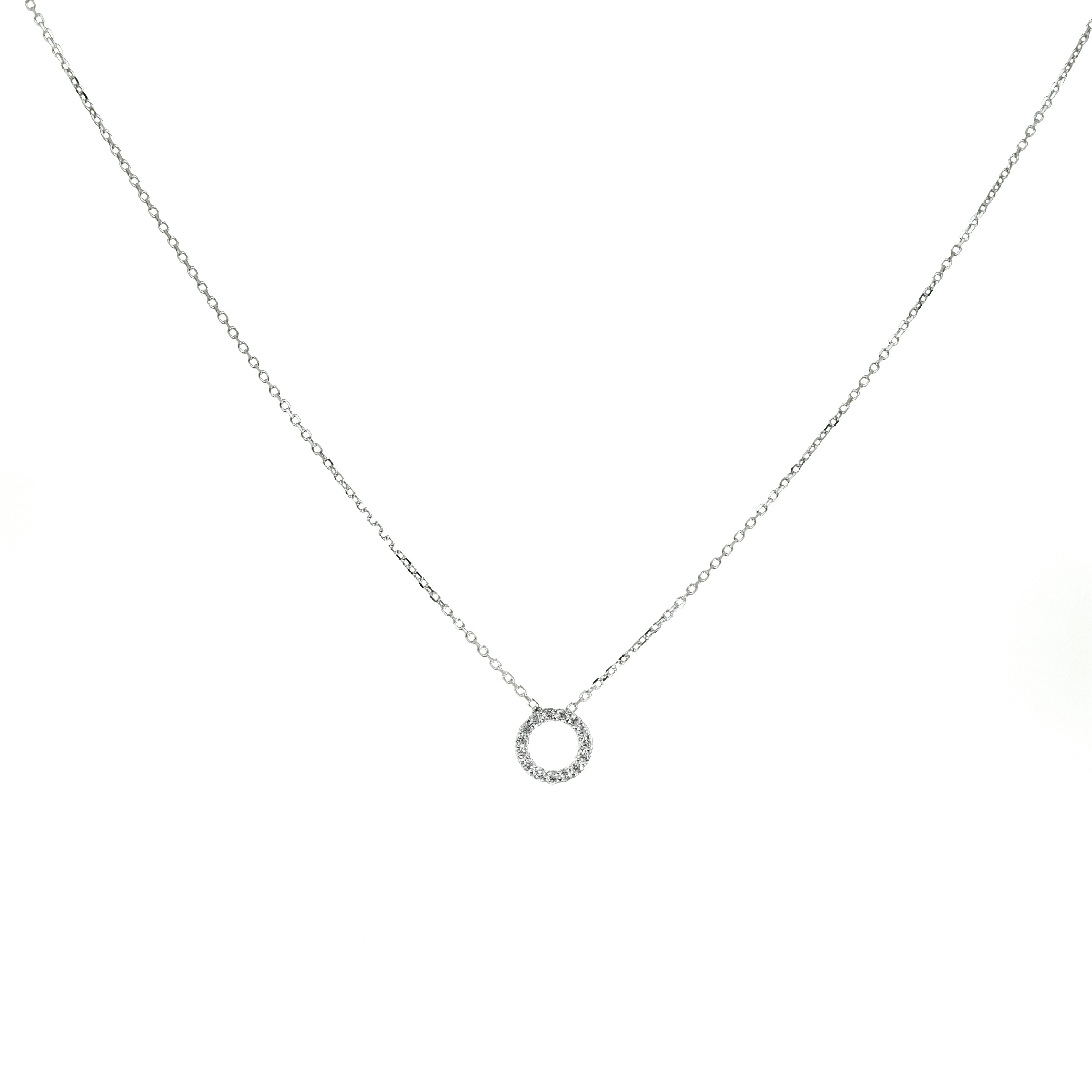 Feine Goldkette in weissgold mit einem kreisförmigen Anhänger, vollständig besetzt mit Zirkonia.