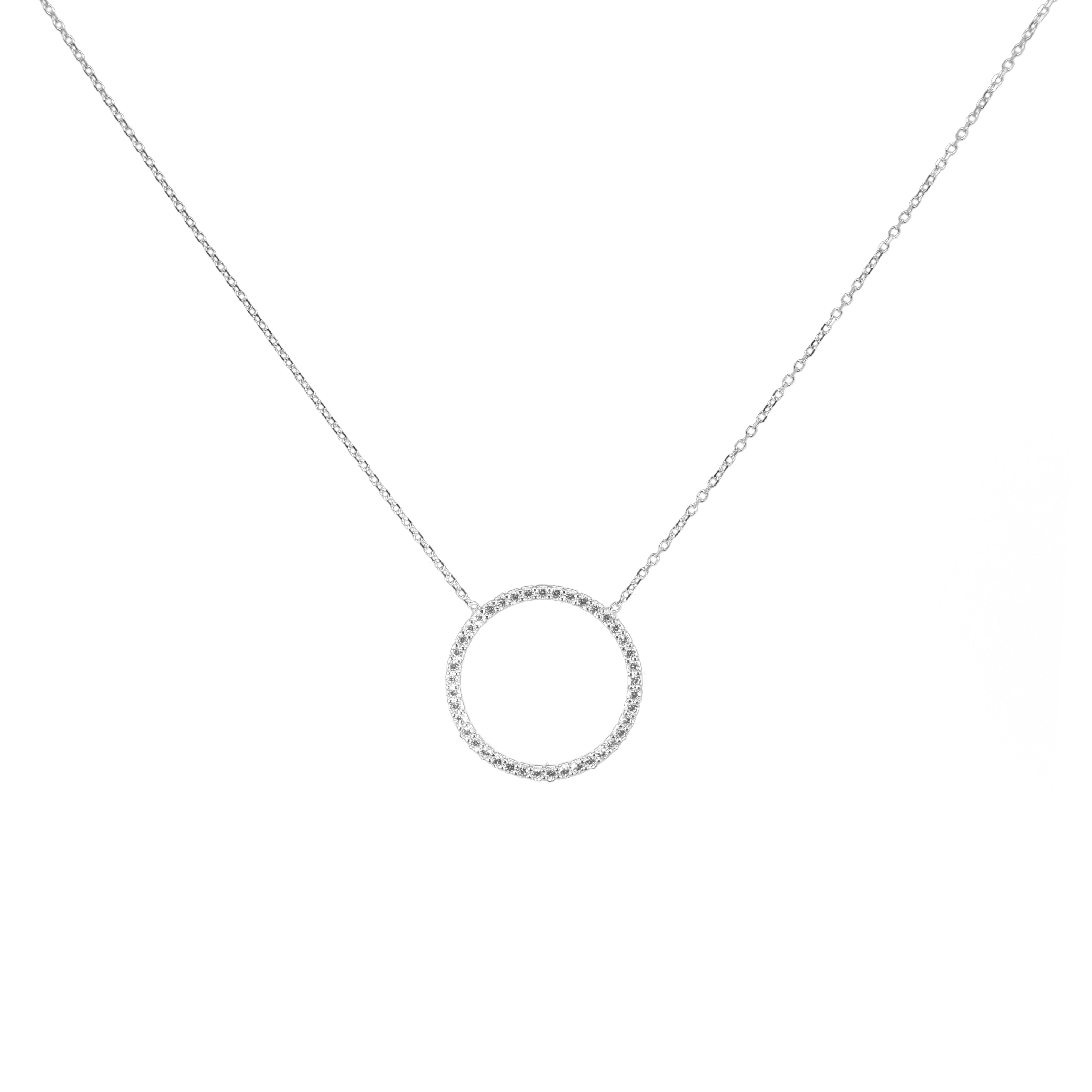 Goldkette in weissgold mit rundem, offenem Kreisanhänger aus Zirkonia