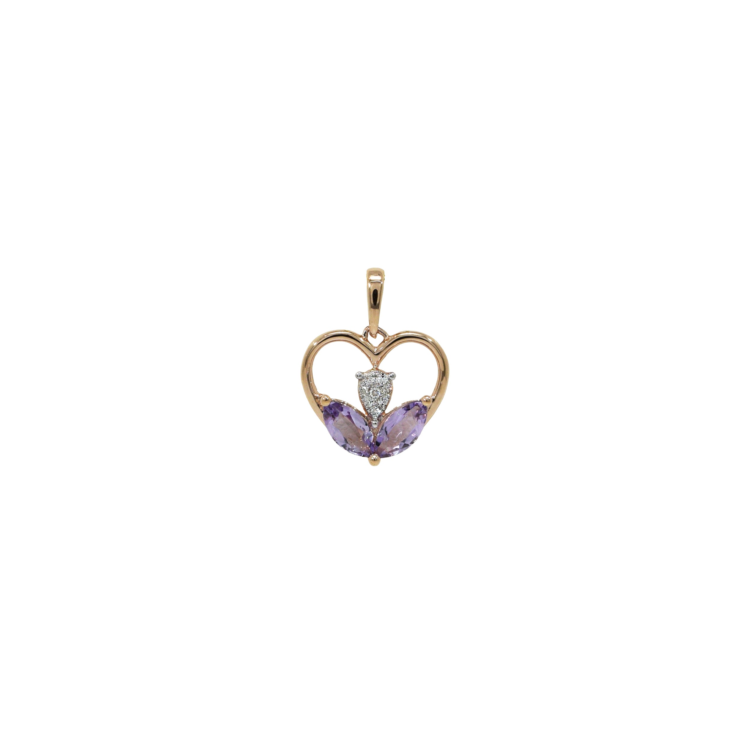 Herzanhänger in Roségold mit zwei marquiseförmigen Amethysten und 0,021 ct Brillant