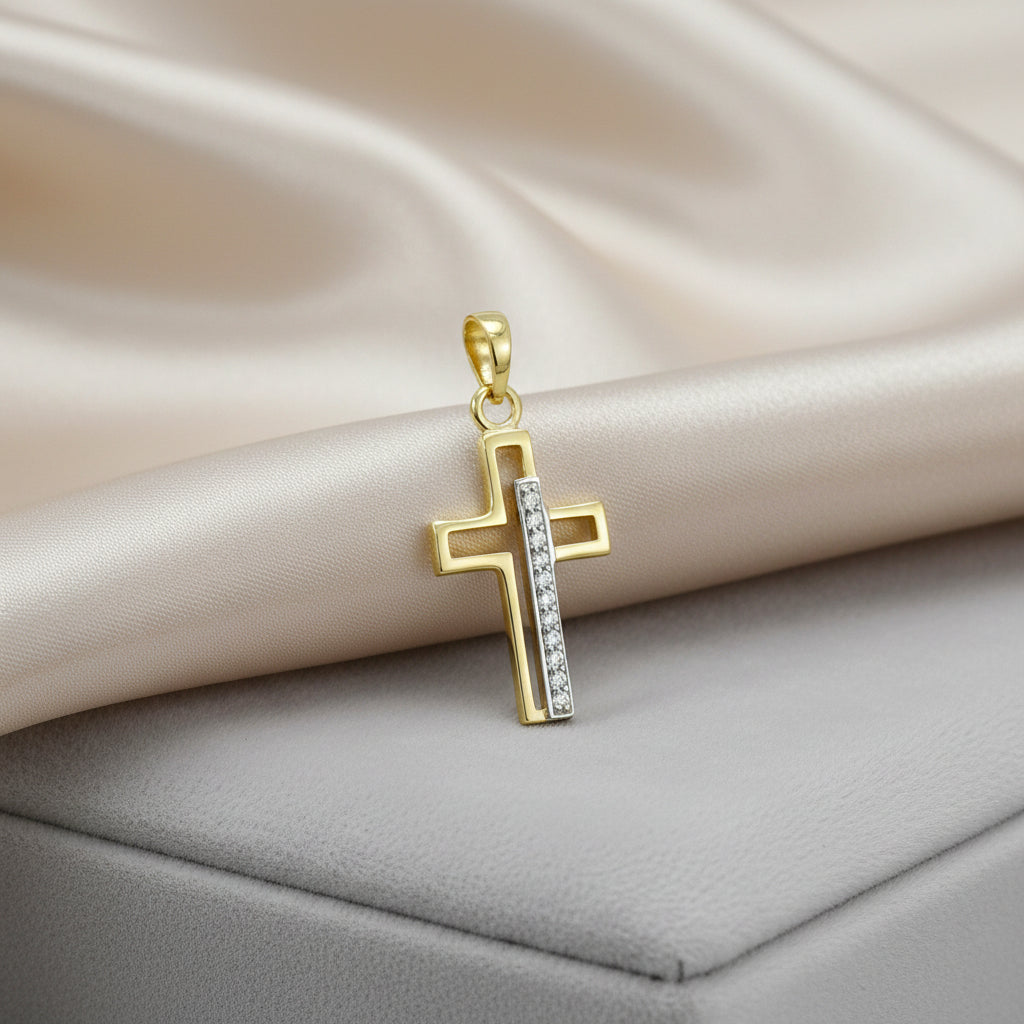 Kreuzanhänger aus Gelbgold mit Zirkonia in offener, moderner Form

