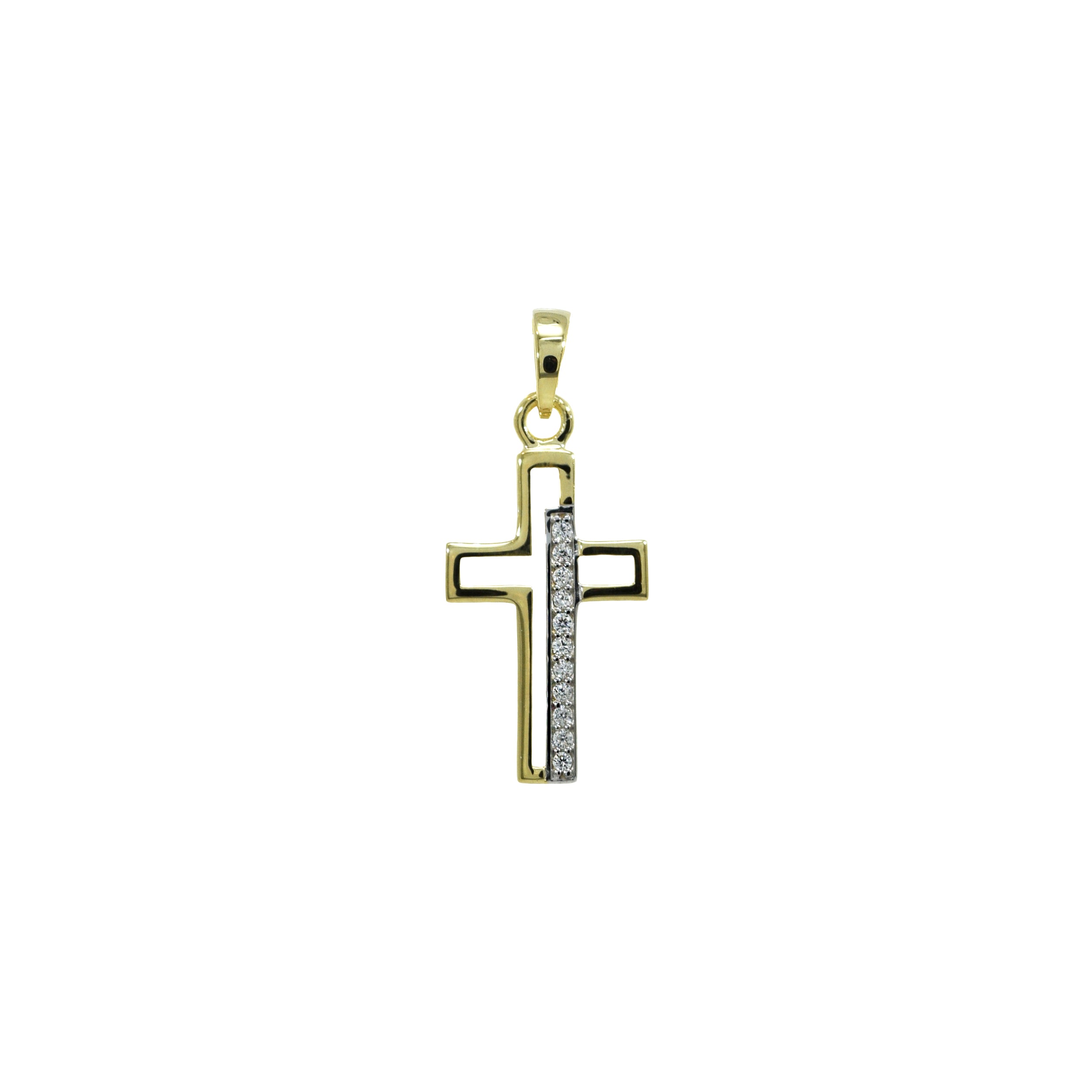 Kreuzanhänger aus Gelbgold mit Zirkonia in offener, moderner Form


