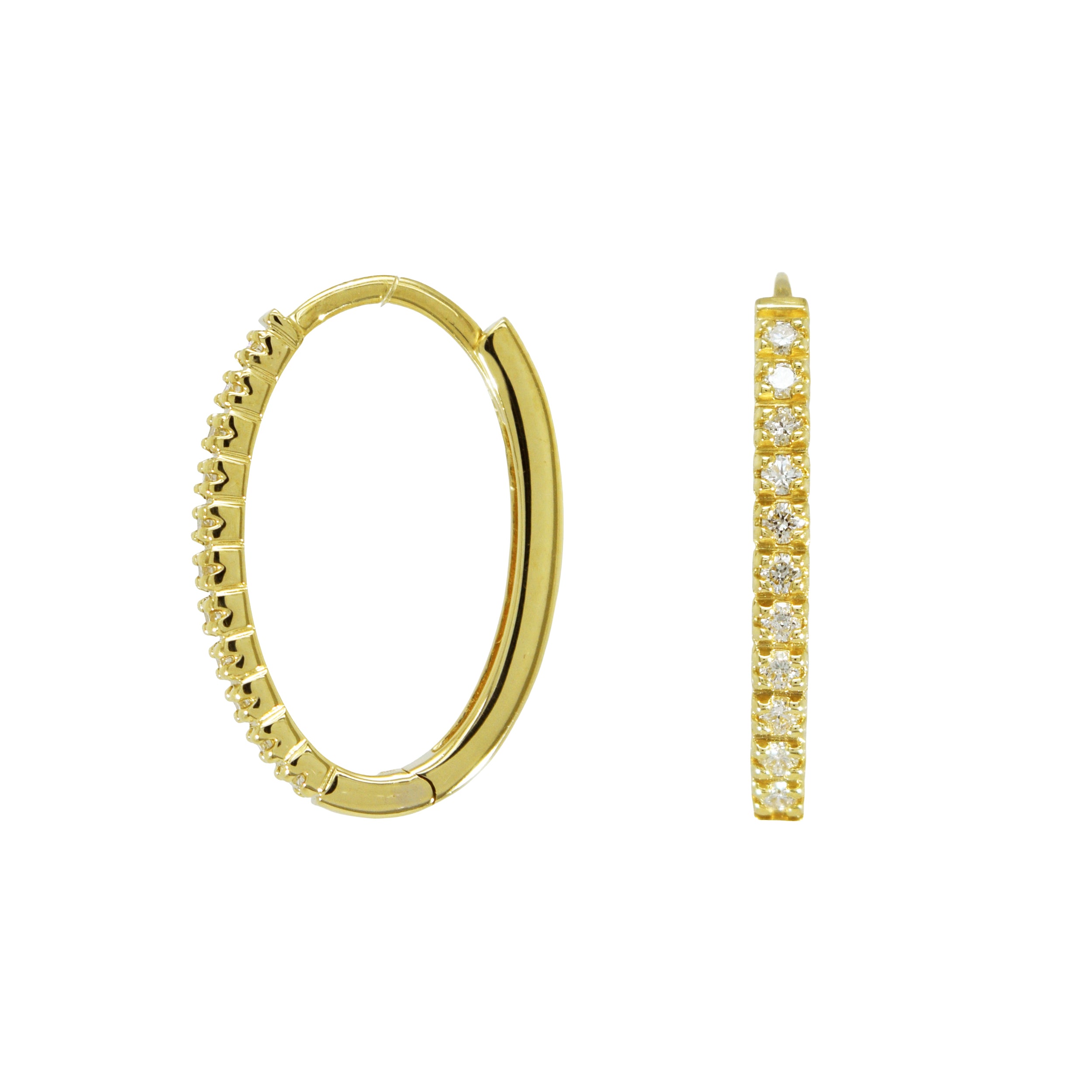 Creolen aus Gelbgold mit Brillantbesatz, einmal seitlich und einmal frontal dargestellt.