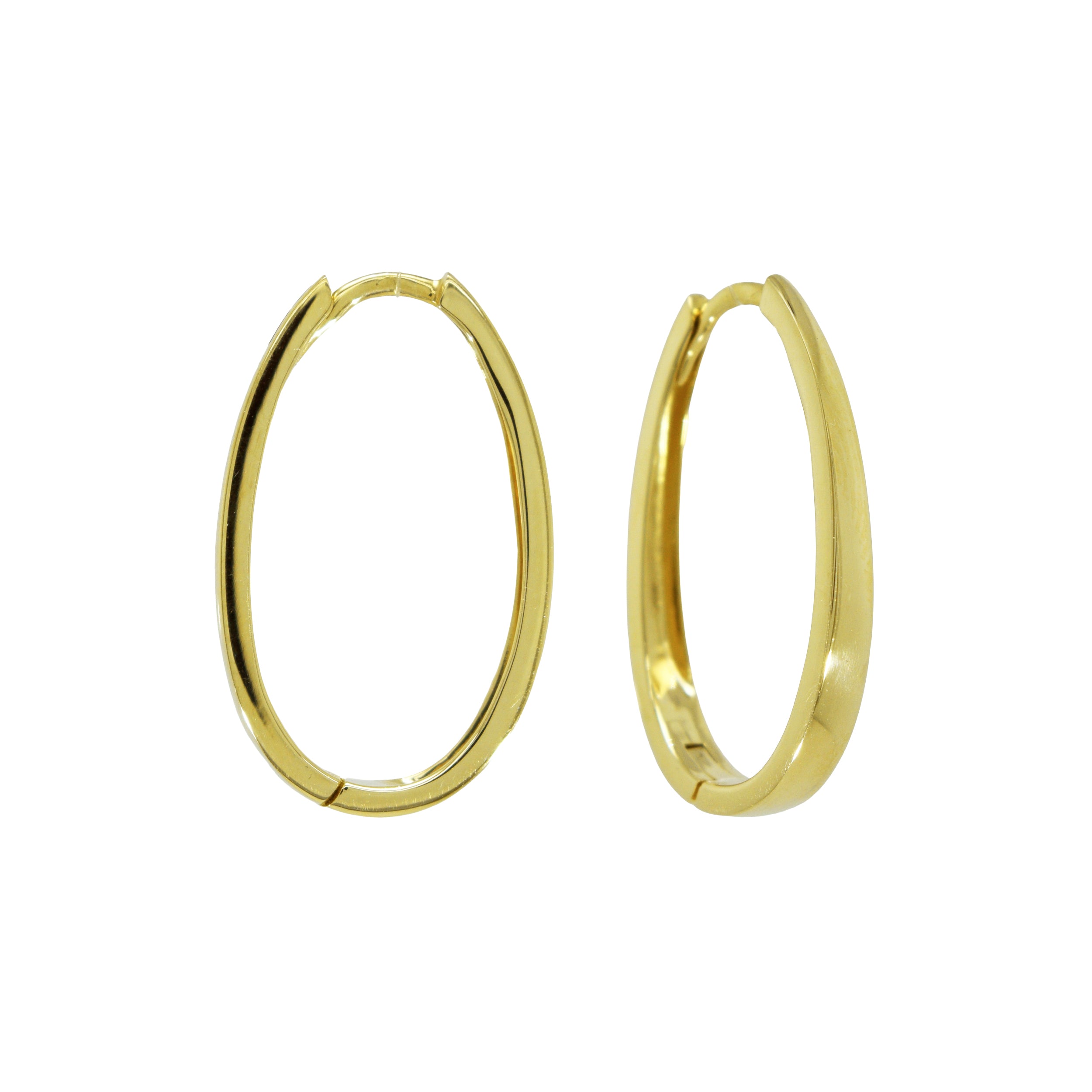 Schlichte, ovale Creolen aus Gelbgold in klassischer Form, jeweils eine Creole frontal und eine seitlich dargestellt.

