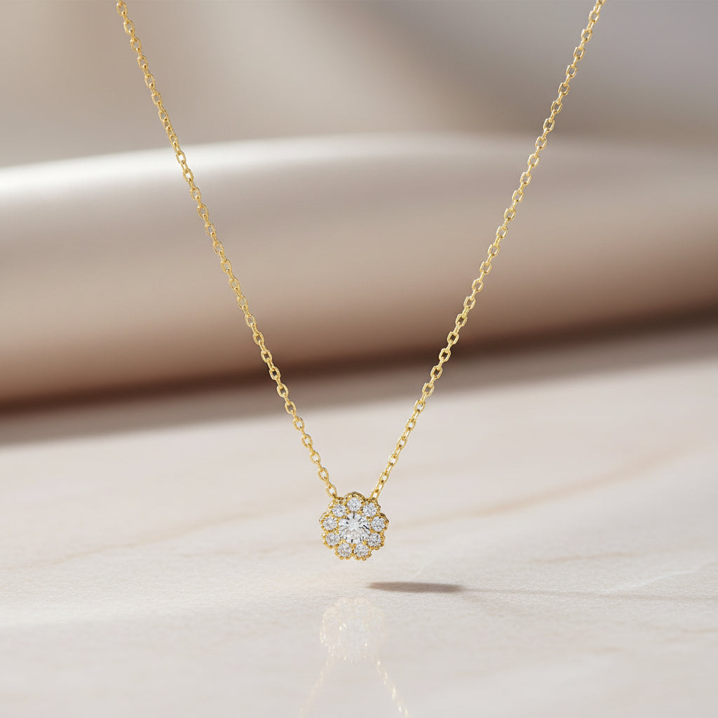 Kette mit Zirkonia-Blütenanhänger aus 14 Karat Gelbgold