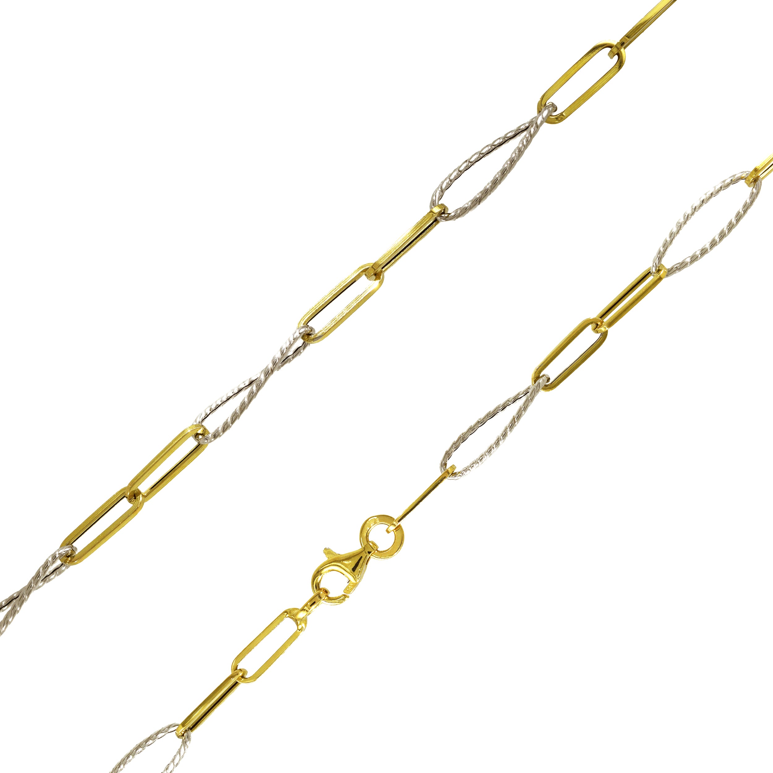 Detailansicht der K97-Kette mit Karabinerverschluss, länglichen Gelbgoldgliedern und dekorativen, gedrehten Weißgoldelementen.