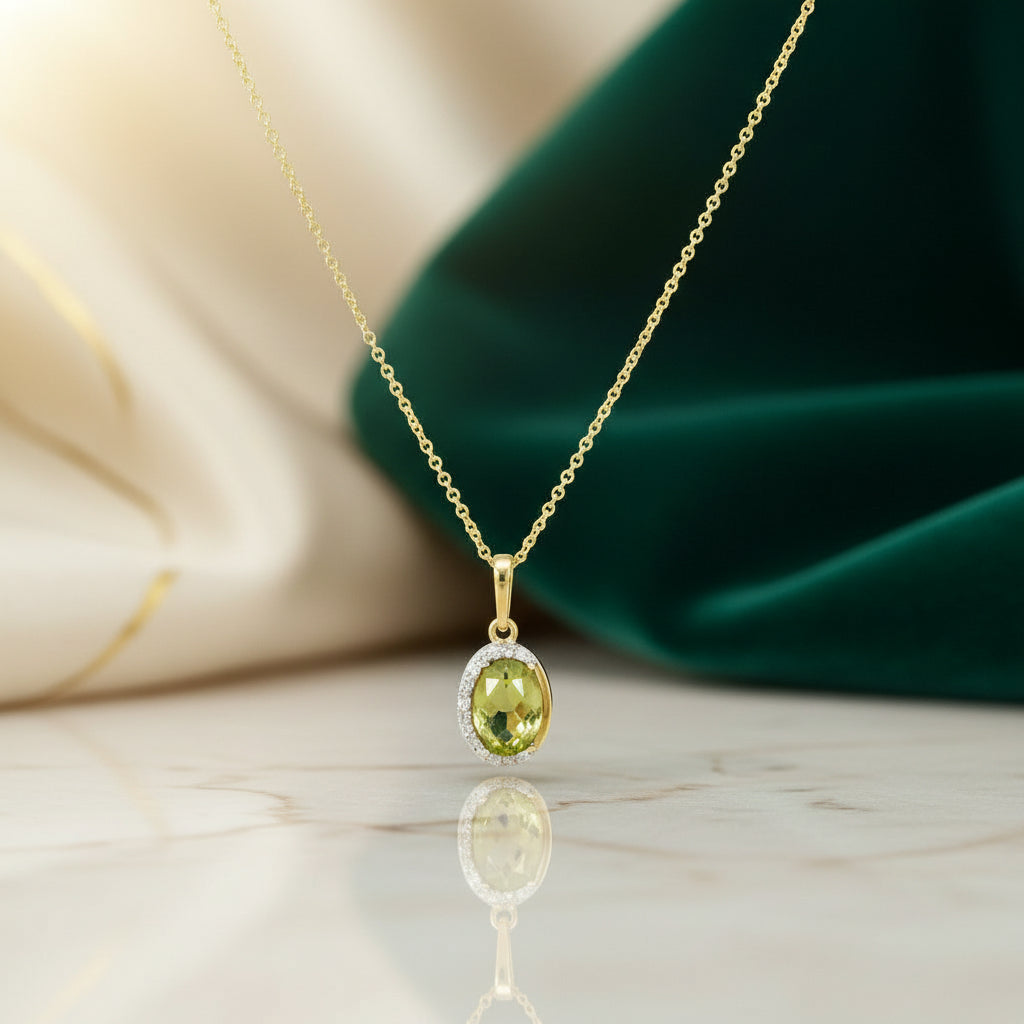Kette aus Gelbgold mit ovalem, facettiertem Peridot als Mittelstein, umrahmt von einer feinen Brillantreihe (0,044 ct), frontal dargestellt.

