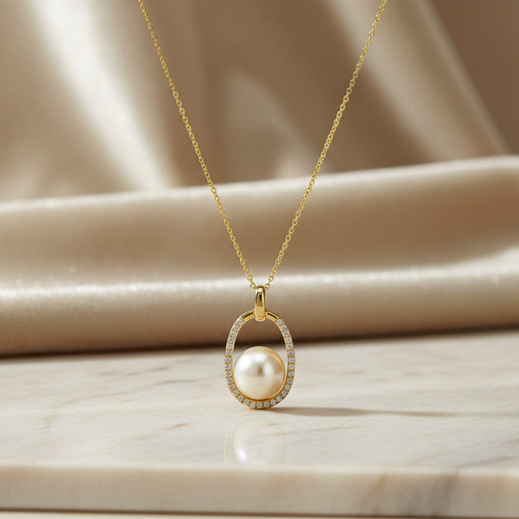 Goldkette mit ovalem Anhänger, besetzt mit einer großen, weißen Perle und einem Rahmen aus Brillanten (0,20 ct), frontal dargestellt.