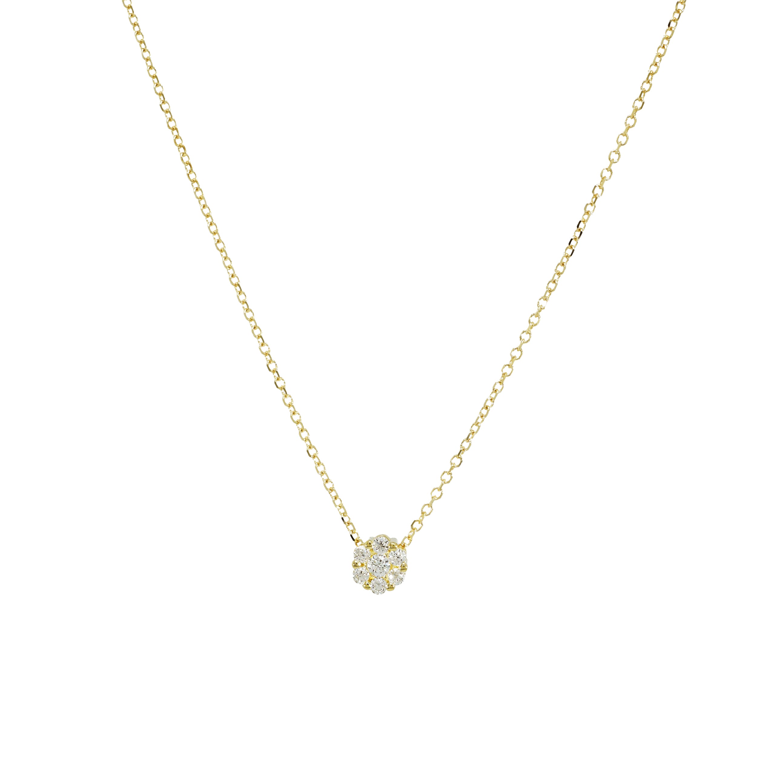 Kette aus Gelbgold mit floralem Zirkonia-Anhänger, Blütenform, frontal gezeigt.