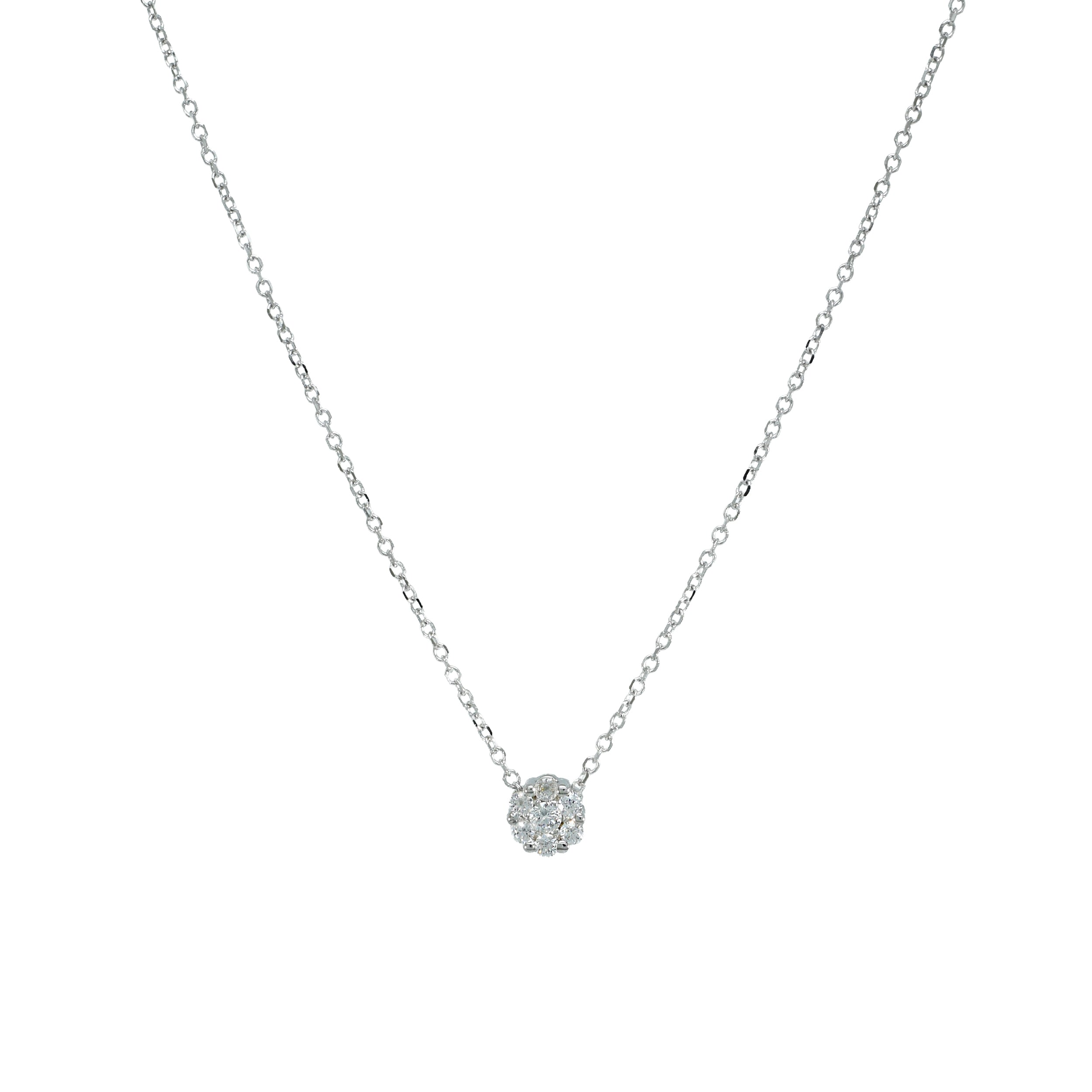 Kette aus Weißgold mit funkelndem Zirkonia-Blütenanhänger, frontal dargestellt.