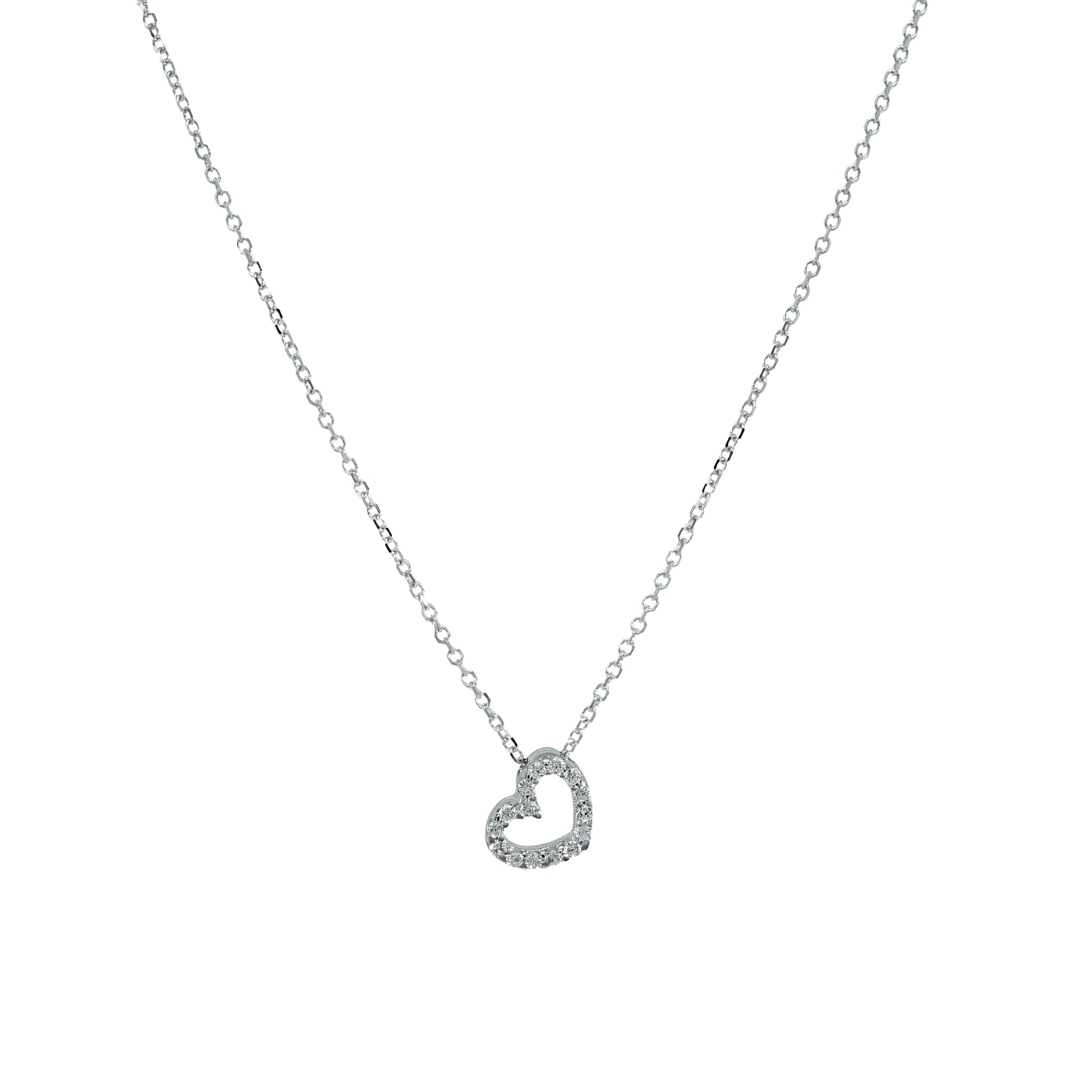 Kette aus Weißgold mit Herzanhänger und Zirkoniabesatz, frontal dargestellt.