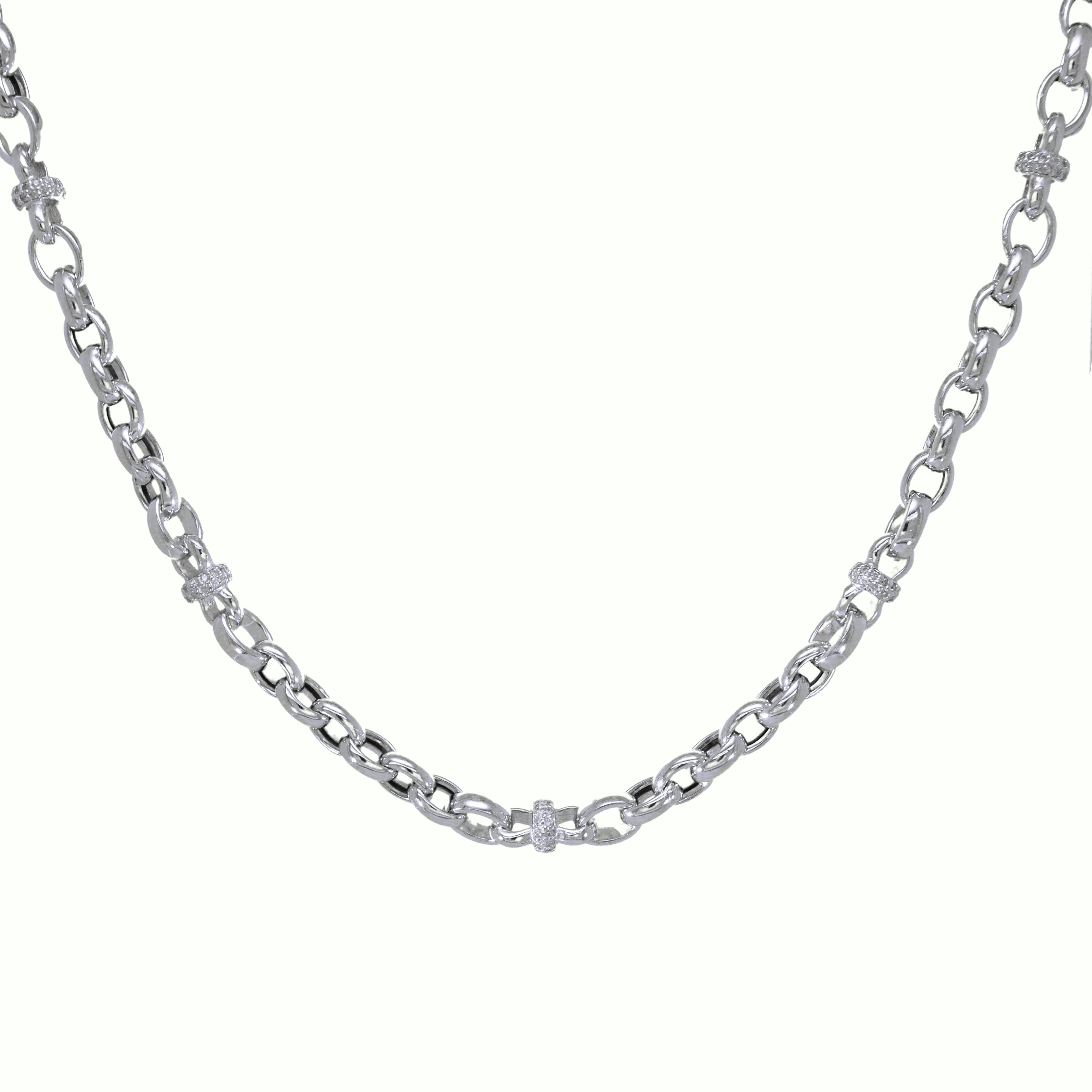Silberne Gliederkette mit mehreren Zirkonia-besetzten Zwischenringen

