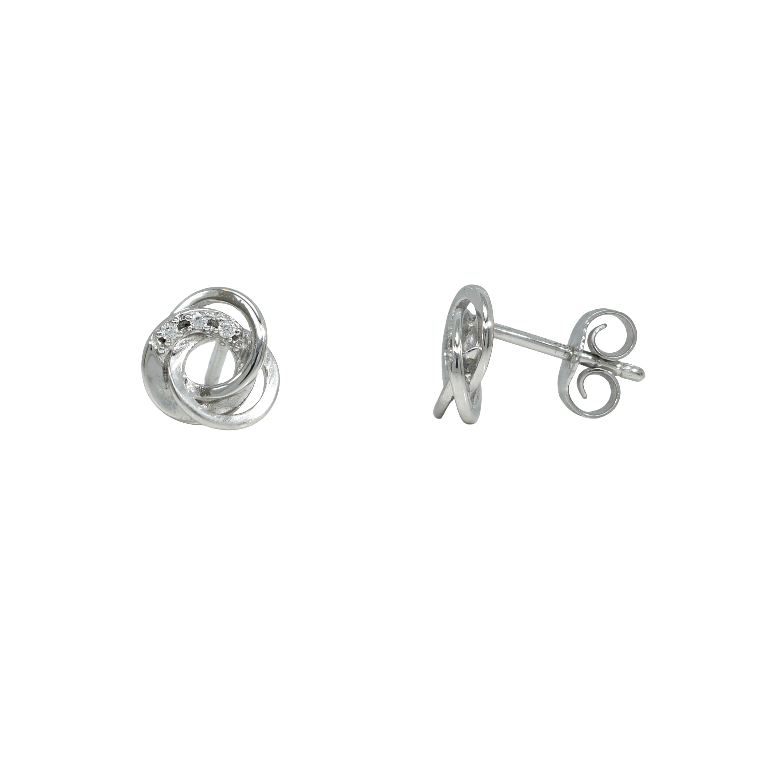 Silberne rhodiniere Ohrstecker mit ineinander verschlungenen Ringen und kleinen Zirkonia