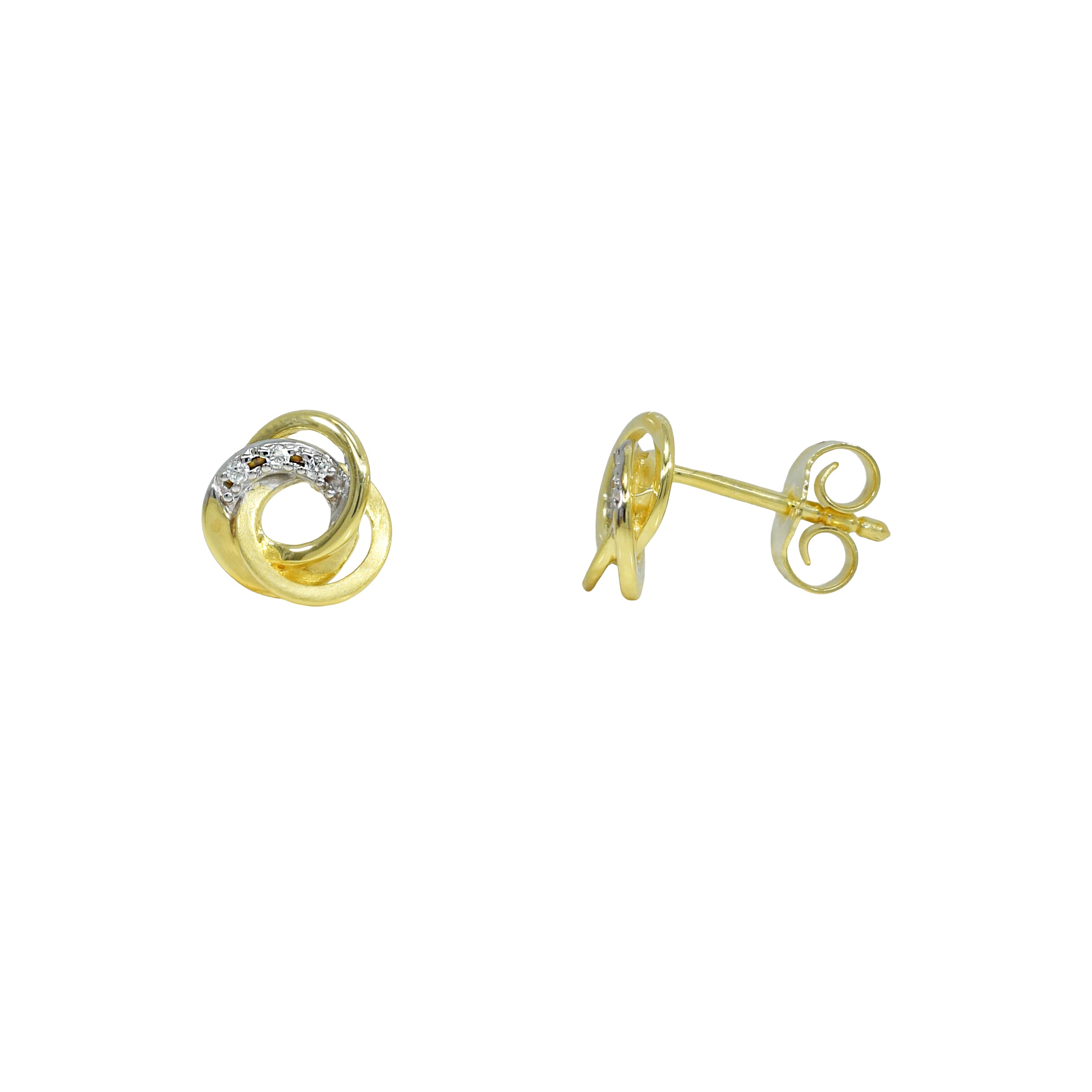 Vergoldete Ohrstecker mit ineinander verschlungenen Ringen und kleinen Zirkonia-Steinen 