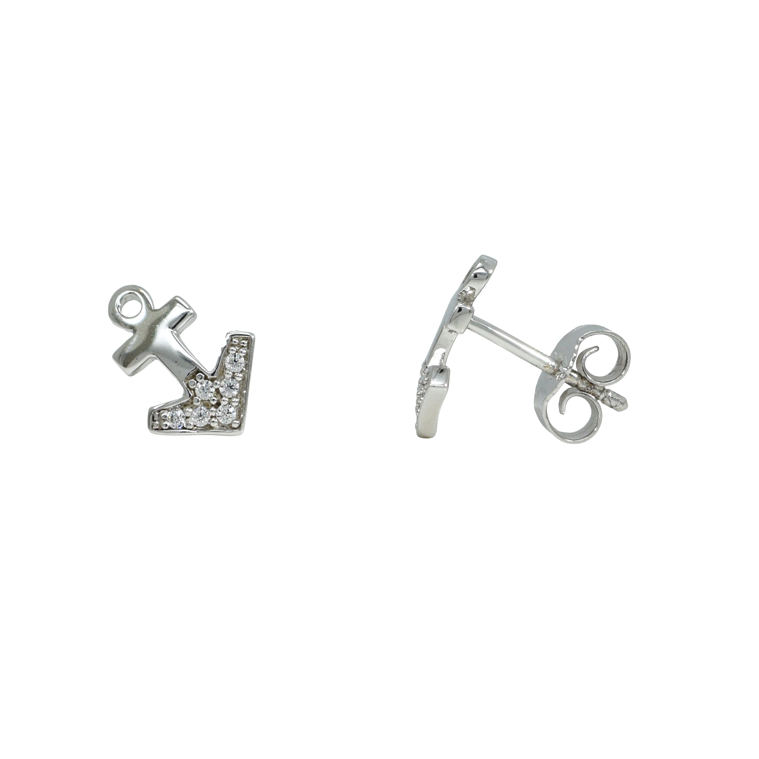 Silberne Ohrstecker in Ankerform, besetzt mit mehreren kleinen Zirkonia-Steinen.

