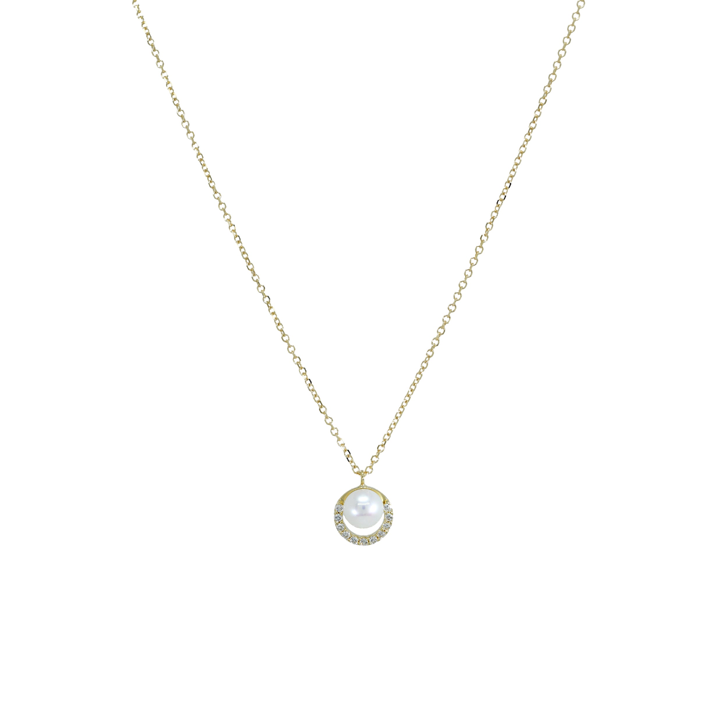 Gelbgoldkette mit rundem Anhänger, bestehend aus einer weißen Perle umrahmt von kleinen Zirkonia-Steinen.