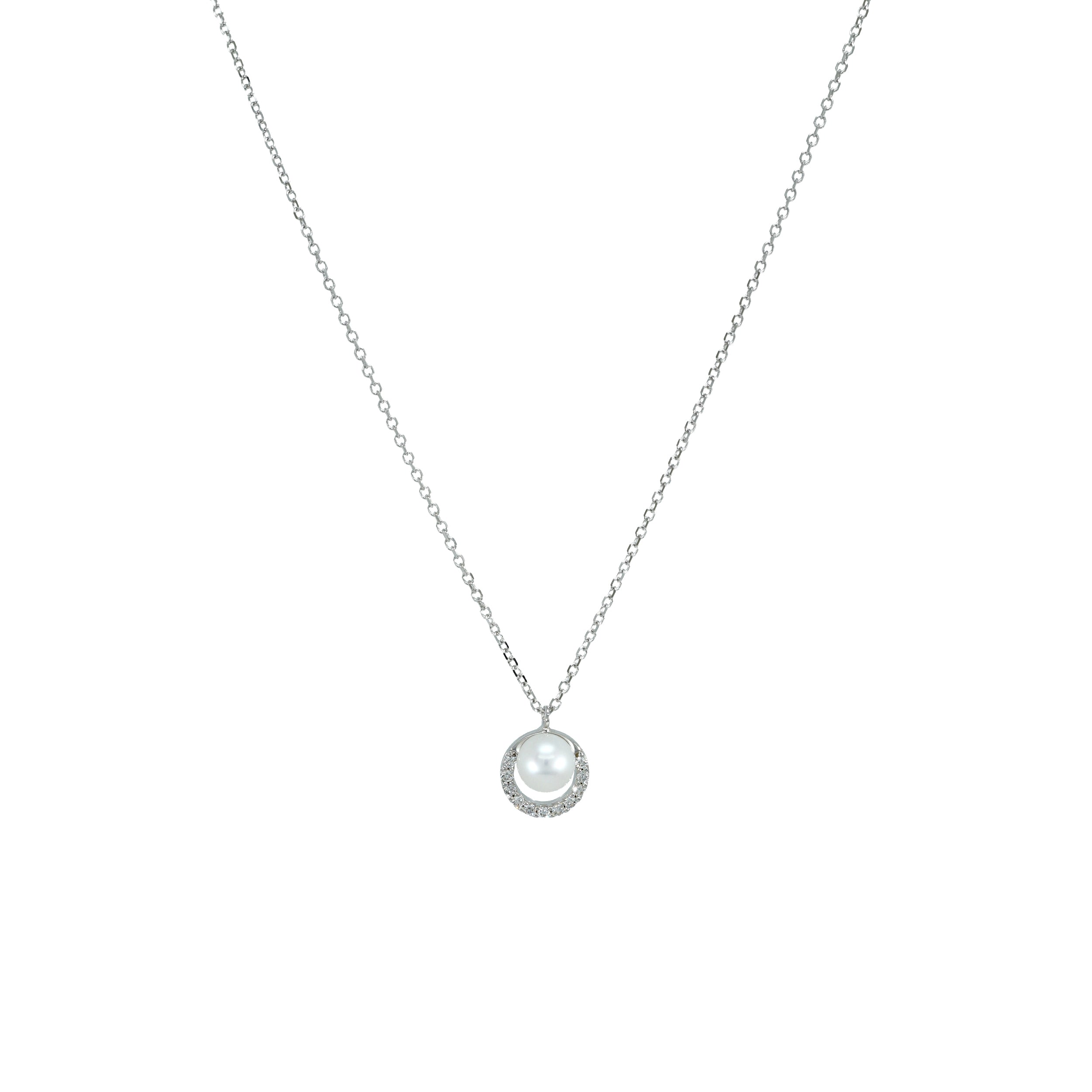 Weißgoldkette mit rundem Anhänger, bestehend aus einer weißen Perle umrahmt von kleinen Zirkonia-Steinen.