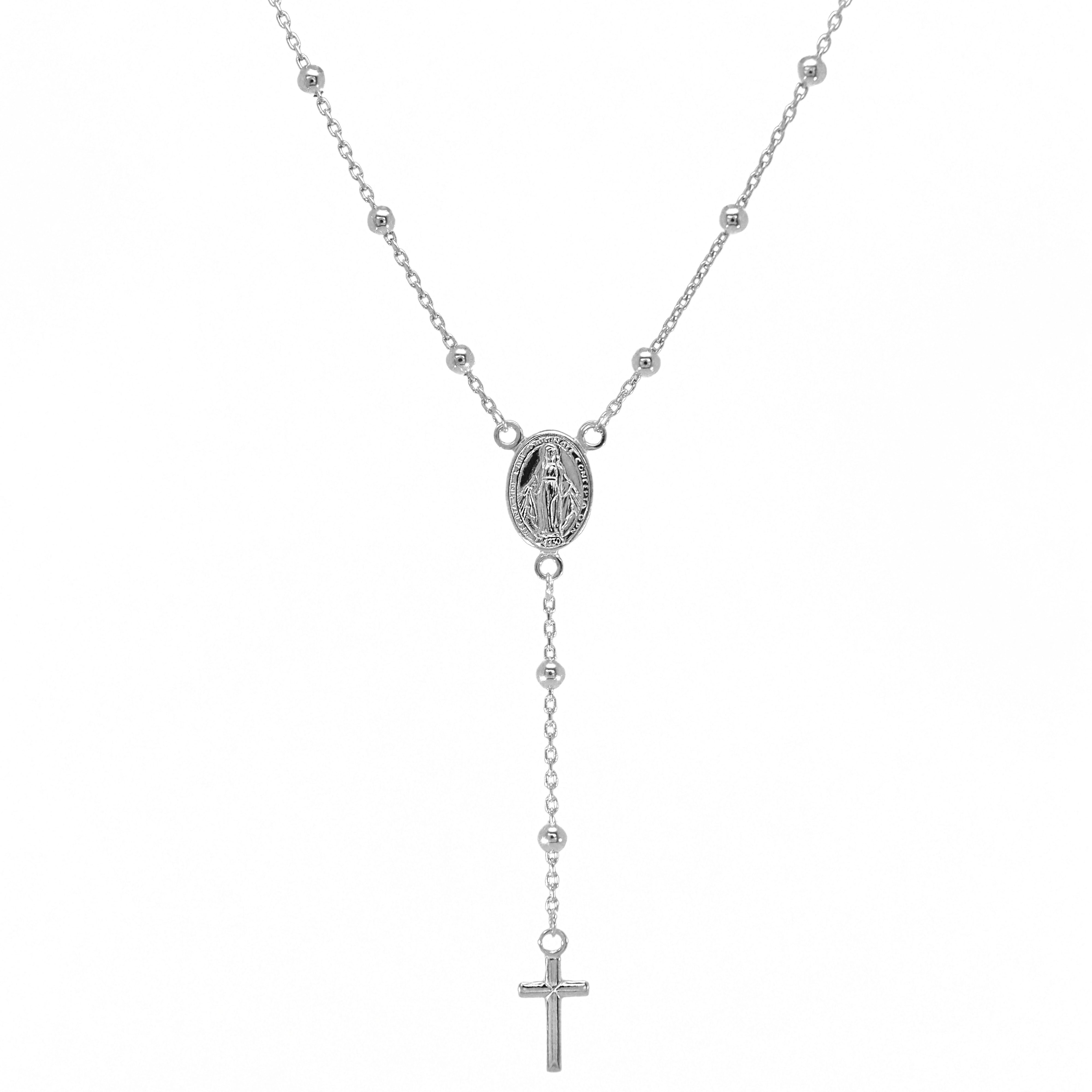 Silberne Rosenkranzkette mit Medaillon und Kreuzanhänger

