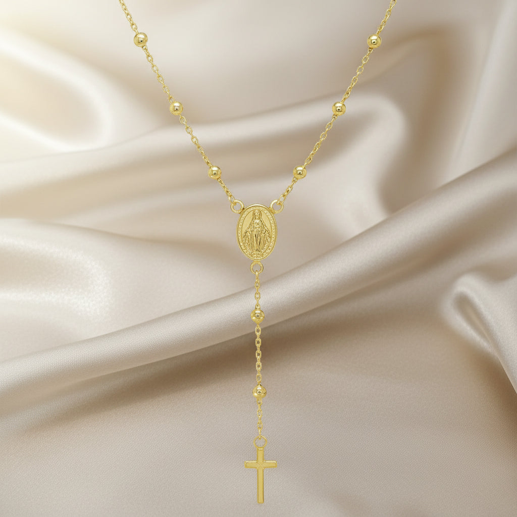 Vergoldete Rosenkranzkette mit Medaillon und Kreuzanhänger

