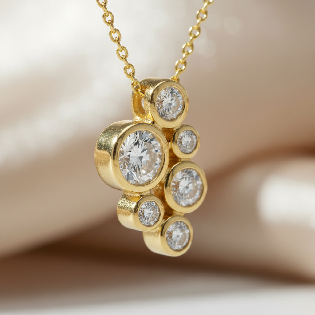 Collier 585 Gelbgold Brillanten Cluster Zargen – Splendido – worn at the neck