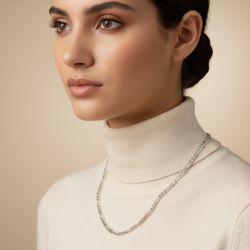 Detailopname – Ketting van 925 zilver met Figaroketting en ronde, ovale schakels