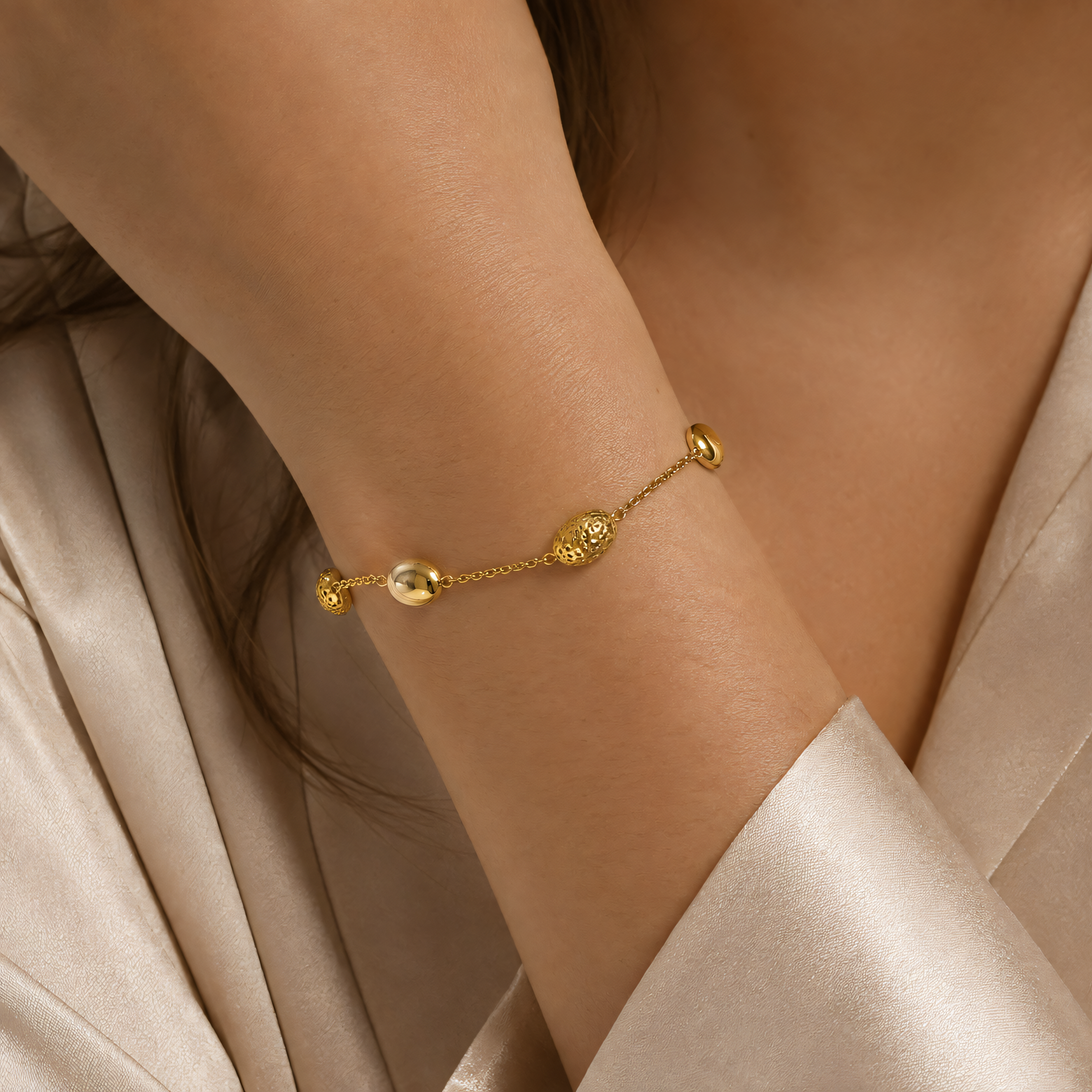 Pulsera de oro amarillo de 585, perlas de oro ovaladas