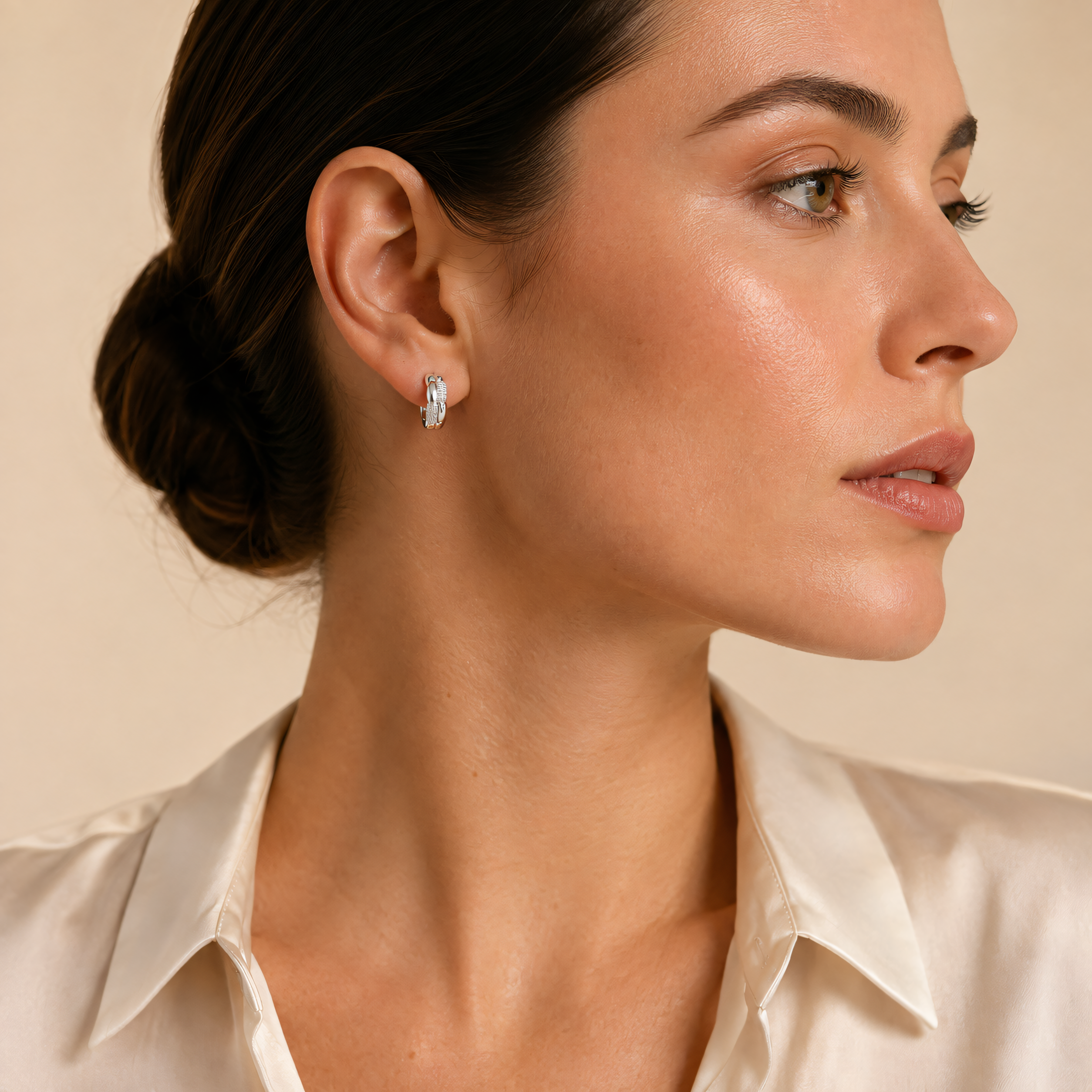 925 silver chain-link hoop earrings with cubic zirconia, worn on the ear