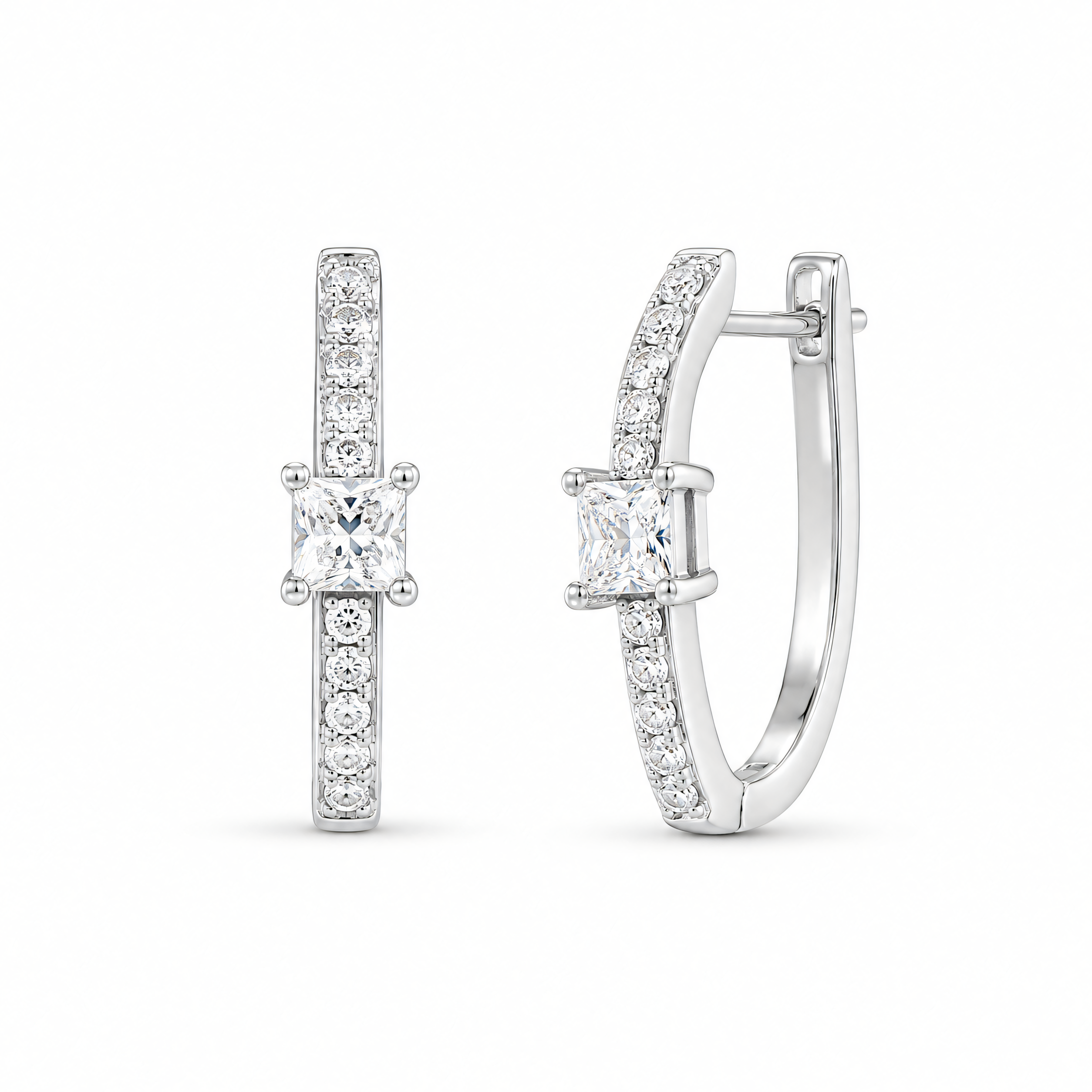 925 silver hoop earrings with cubic zirconia pavé square solitaire | Splendido Jewelry