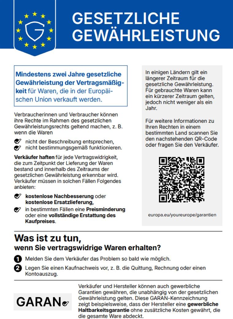 Harmonisierte EU-Mitteilung über das gesetzliche Gewährleistungsrecht: mindestens zwei Jahre gesetzliche Gewährleistung für Waren, die in der Europäischen Union verkauft werden.