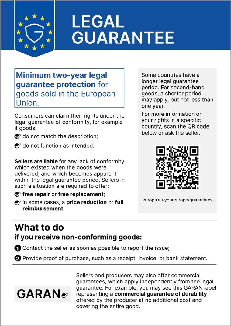 Harmonised EU notice on the legal guarantee: minimum two-year legal guarantee protection for goods sold in the European Union.