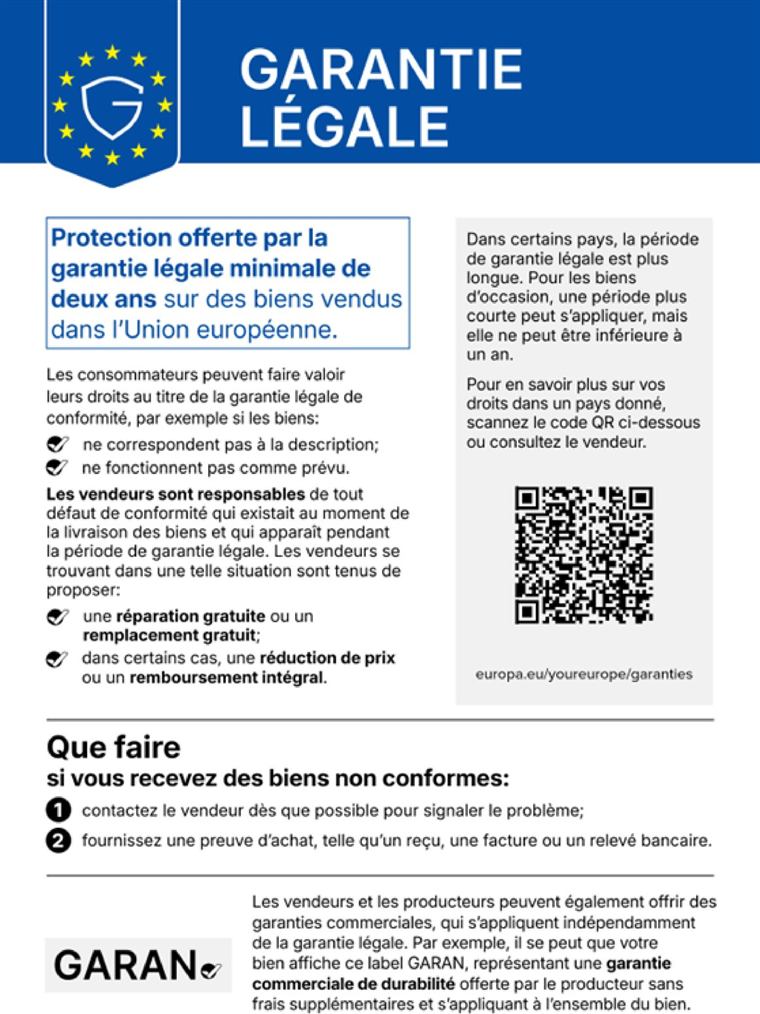 Communication harmonisée de l’UE sur la garantie légale : au minimum deux ans de garantie légale pour les biens vendus dans l’Union européenne.
