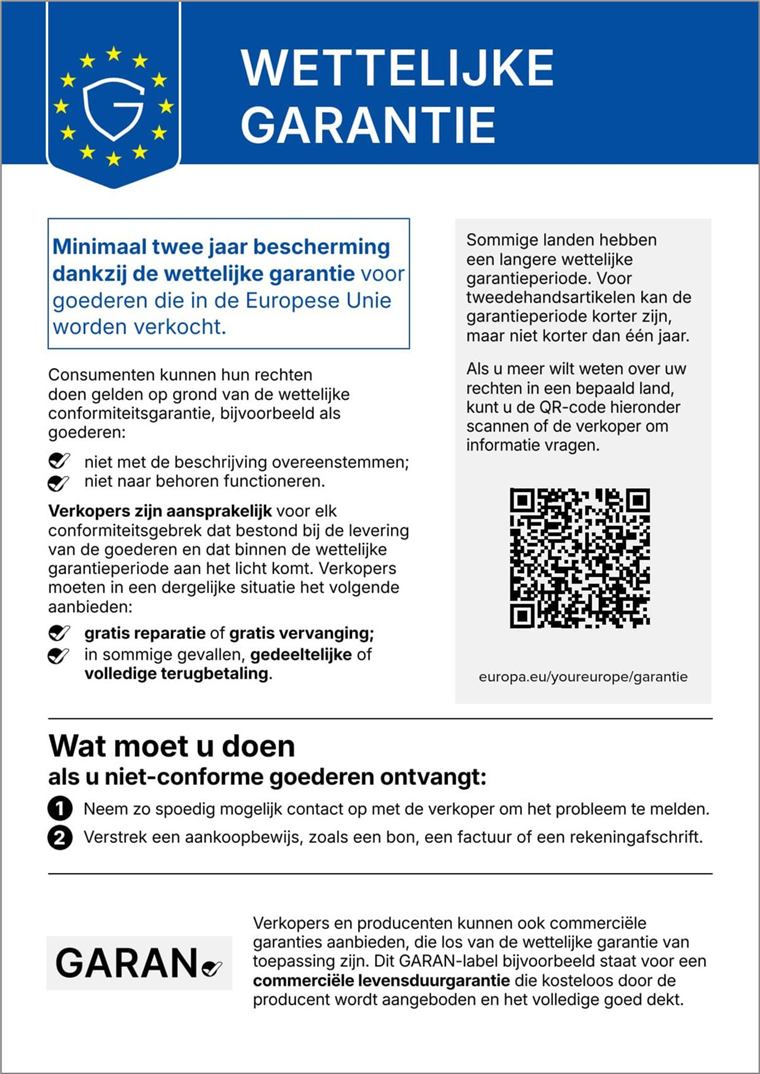 Geharmoniseerde EU-mededeling over de wettelijke garantie: minimaal twee jaar wettelijke garantie voor goederen die in de Europese Unie worden verkocht.