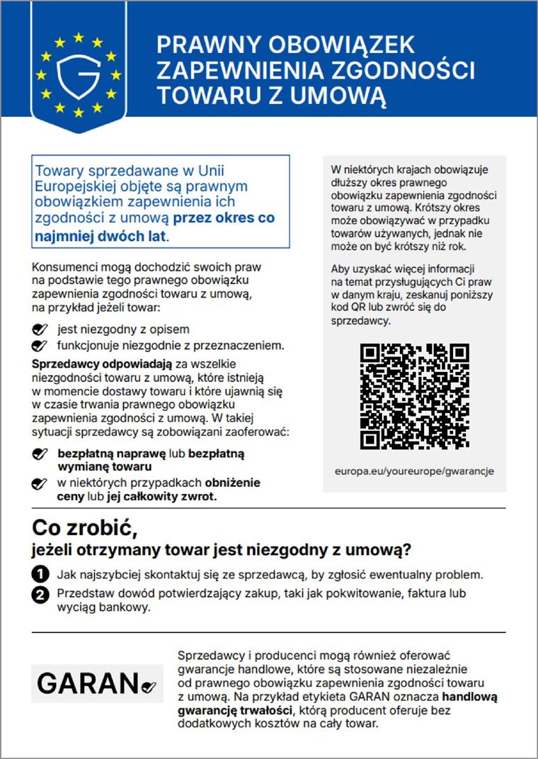 Zharmonizowany komunikat UE dotyczący ustawowego prawa do rękojmi: co najmniej dwuletnia ustawowa rękojmia na towary sprzedawane w Unii Europejskiej.